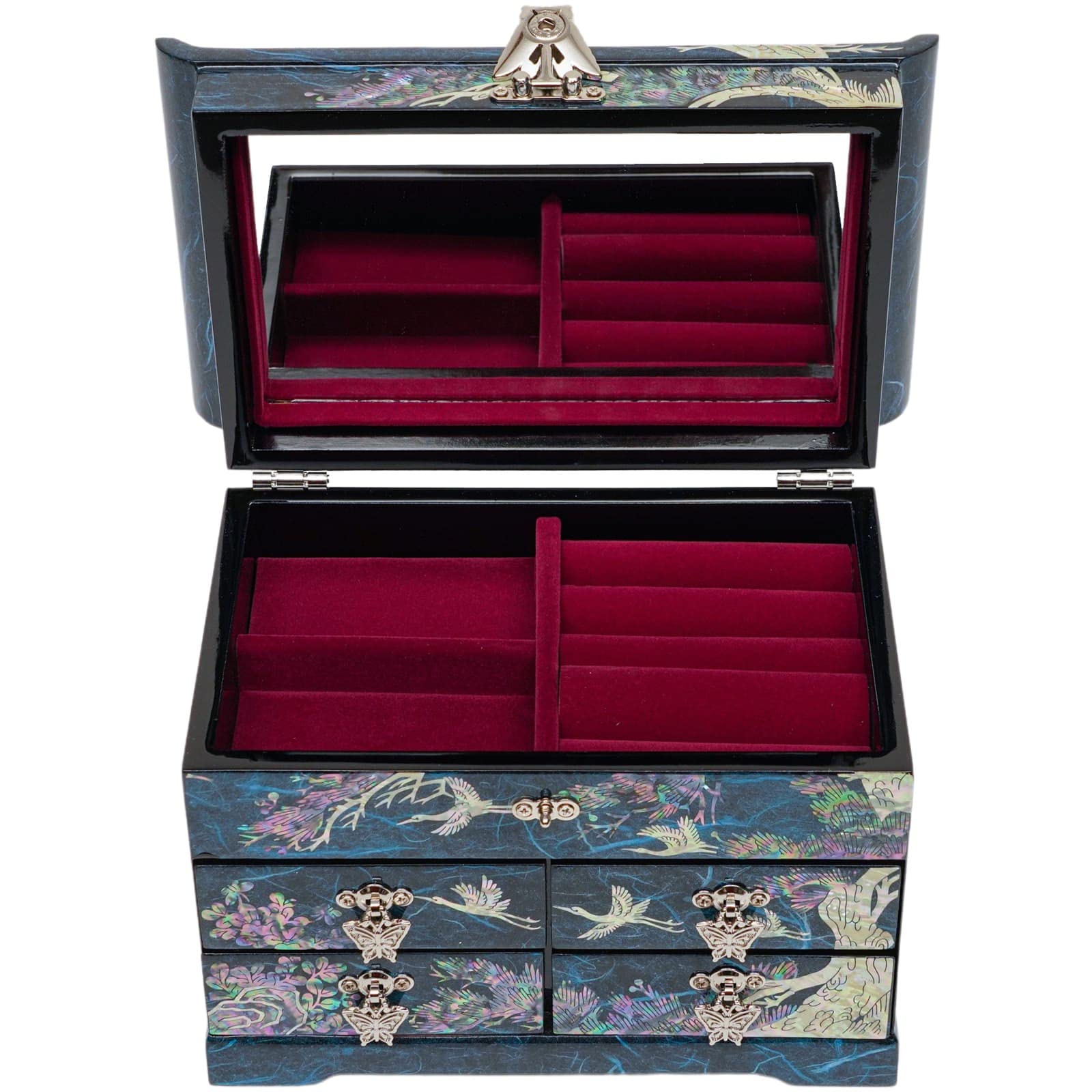 February Mountain Mother of Pearl Wooden Jewelry Organizer Box - Elegant Jewelry Storage with Spacious Drawers for Rings, Bracelets, Necklaces & Watches | Perfect Gift for Women | Home Vanity & Travel Jewelry Case (Crane Blue)