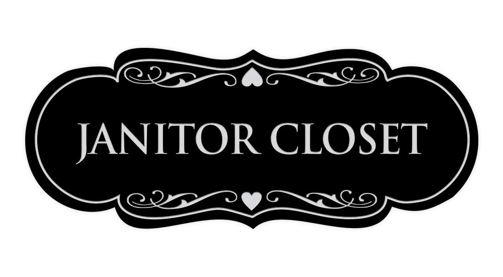 ByLITA Designer Janitors Closet Sign (Black/Silver) - Large Metal Door Sign for Office, School & Commercial Buildings - Durable & Professional Safety Signage