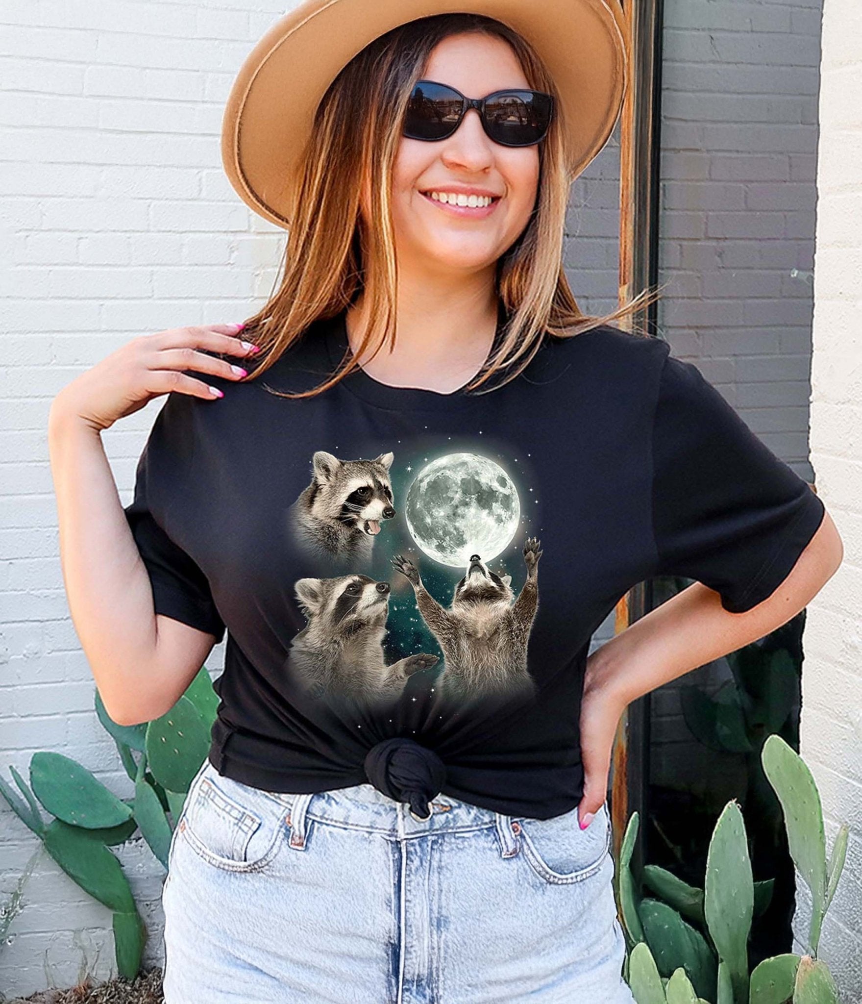 Raccoons Howling At The Moon Graphic T-Shirt - Unisex Casual Cotton Tee for Men & Women - Perfect for Outdoor Adventures, Camping Trips, and Nature Lovers