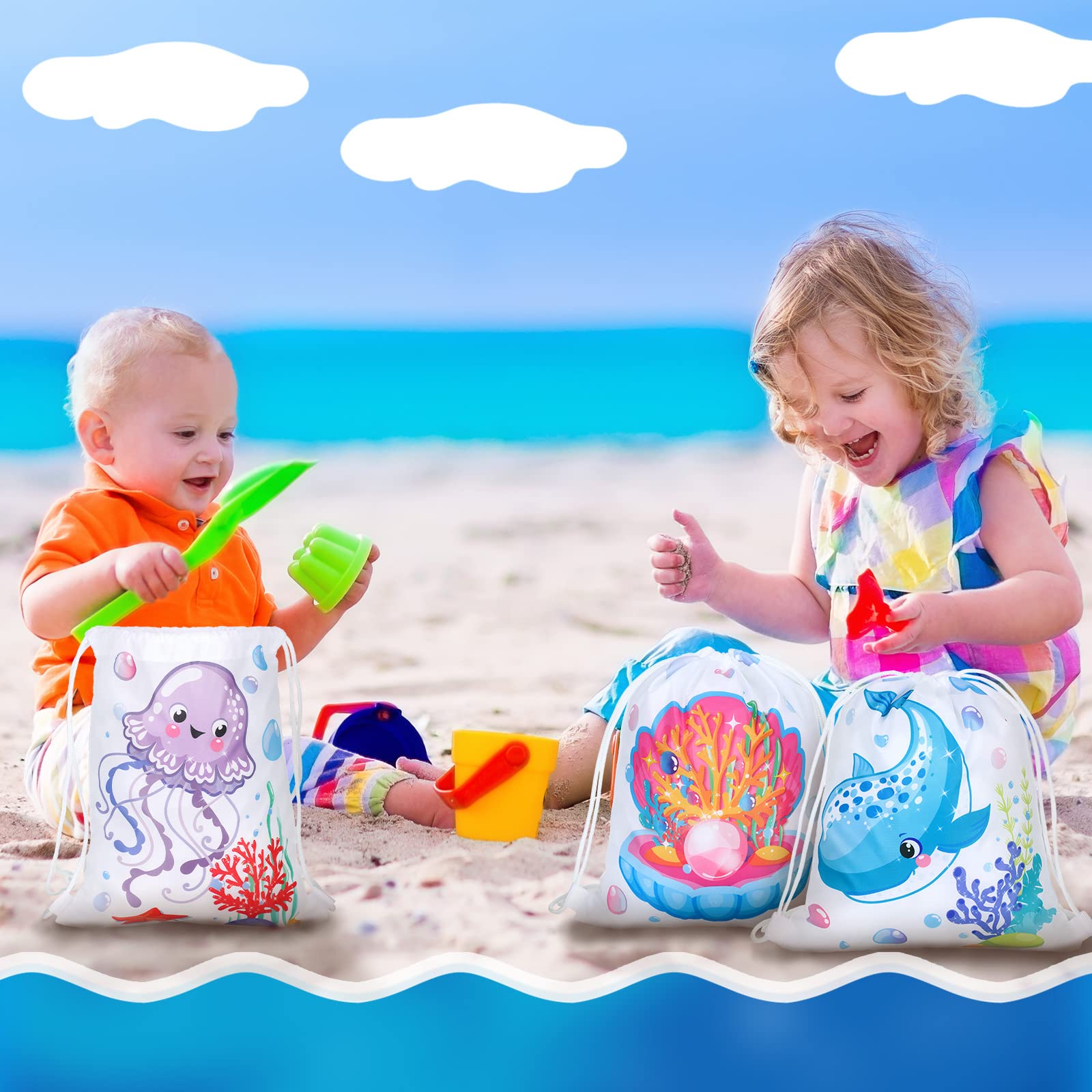 16 Pack Ocean Theme Party Favor Bags - Reusable Sea Animal Drawstring Goodie Bags for Kids Birthday, Underwater Party Decorations (11.8