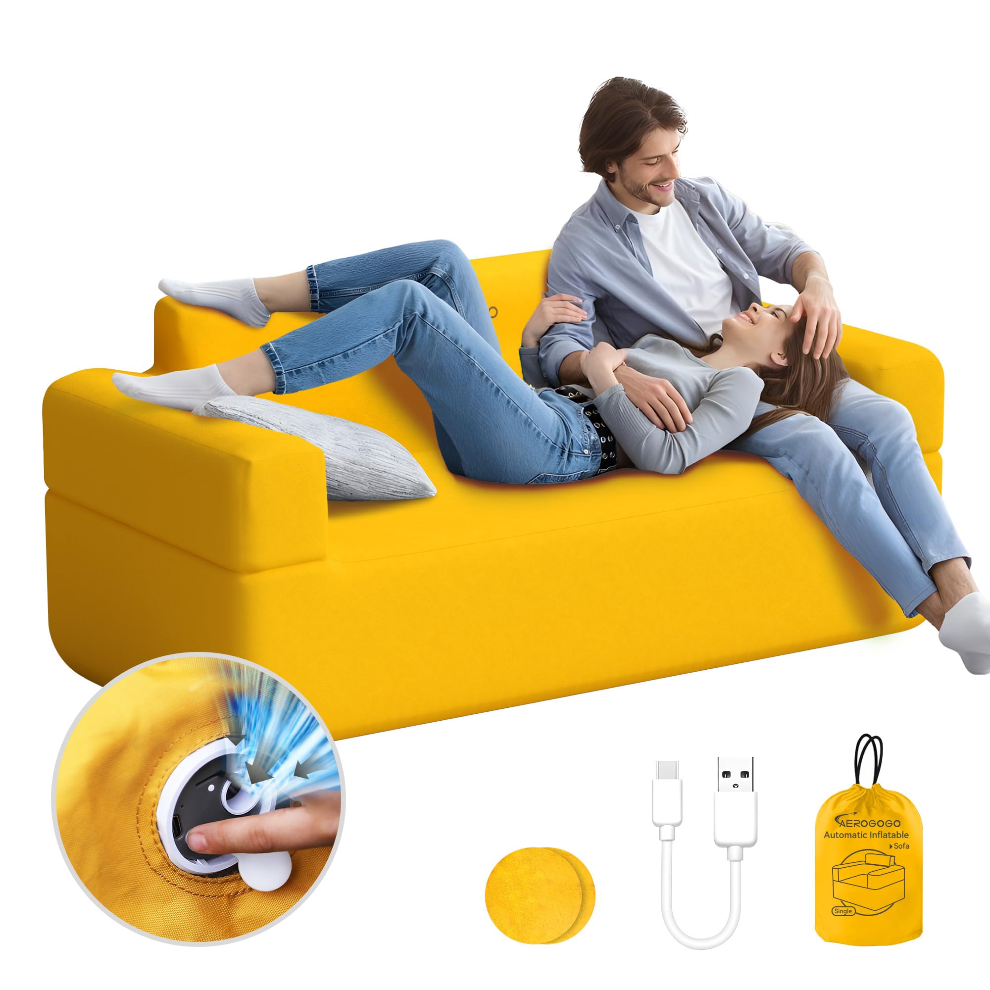 **Inflatable Couch with Built-in Pump - Portable Self-Inflating Sofa for Camping, Beach, Picnic & Home - 4kPa High-Pressure Durable Loveseat (Yellow) - Perfect for Outdoor Relaxation & Indoor Lounging**