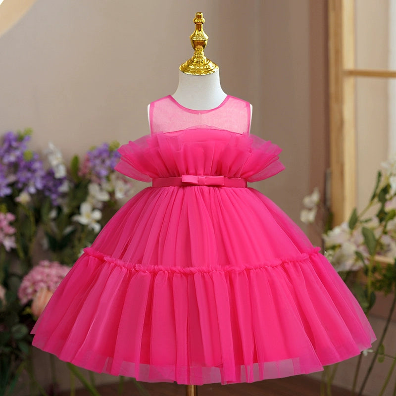 Red Princess Round Tea Length Tulle Flower Girl Dress - Perfect for Weddings, Birthday Parties & Special Occasions