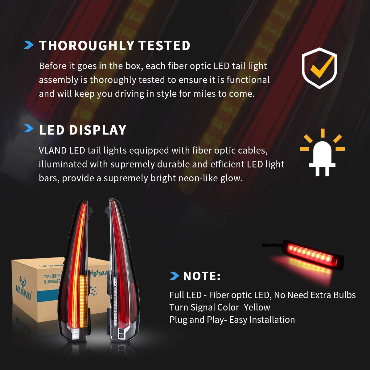 VLAND Full LED Tail Lights Compatible with Chevy Tahoe Suburban GMC Yukon 2007-2014 - Red Clear Rear Lamp Assembly with Yellow Turn Signal & 5-Pin Connector | Upgrade for Enhanced Visibility & Style