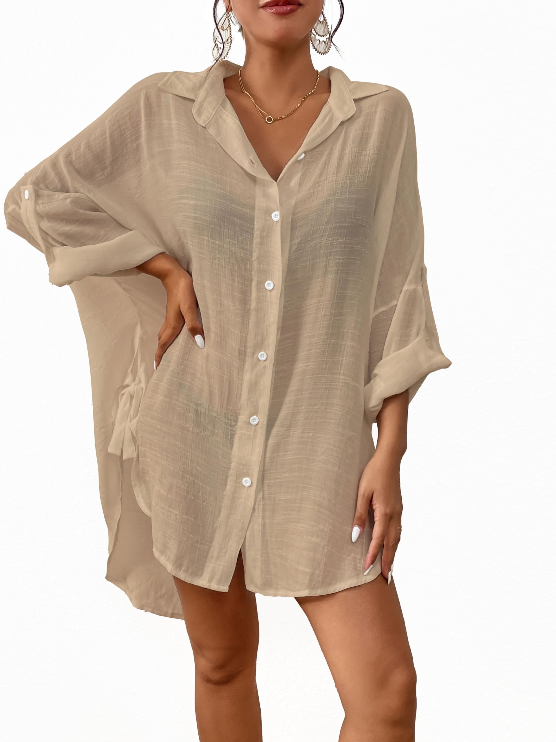 Bsubseach Women's Linen Button Down Shirt - 2025 Summer Beach Cover Up with Split Tie Design, Bathing Suit Swimsuit Coverups for Pool, Vacation & Seaside Outings