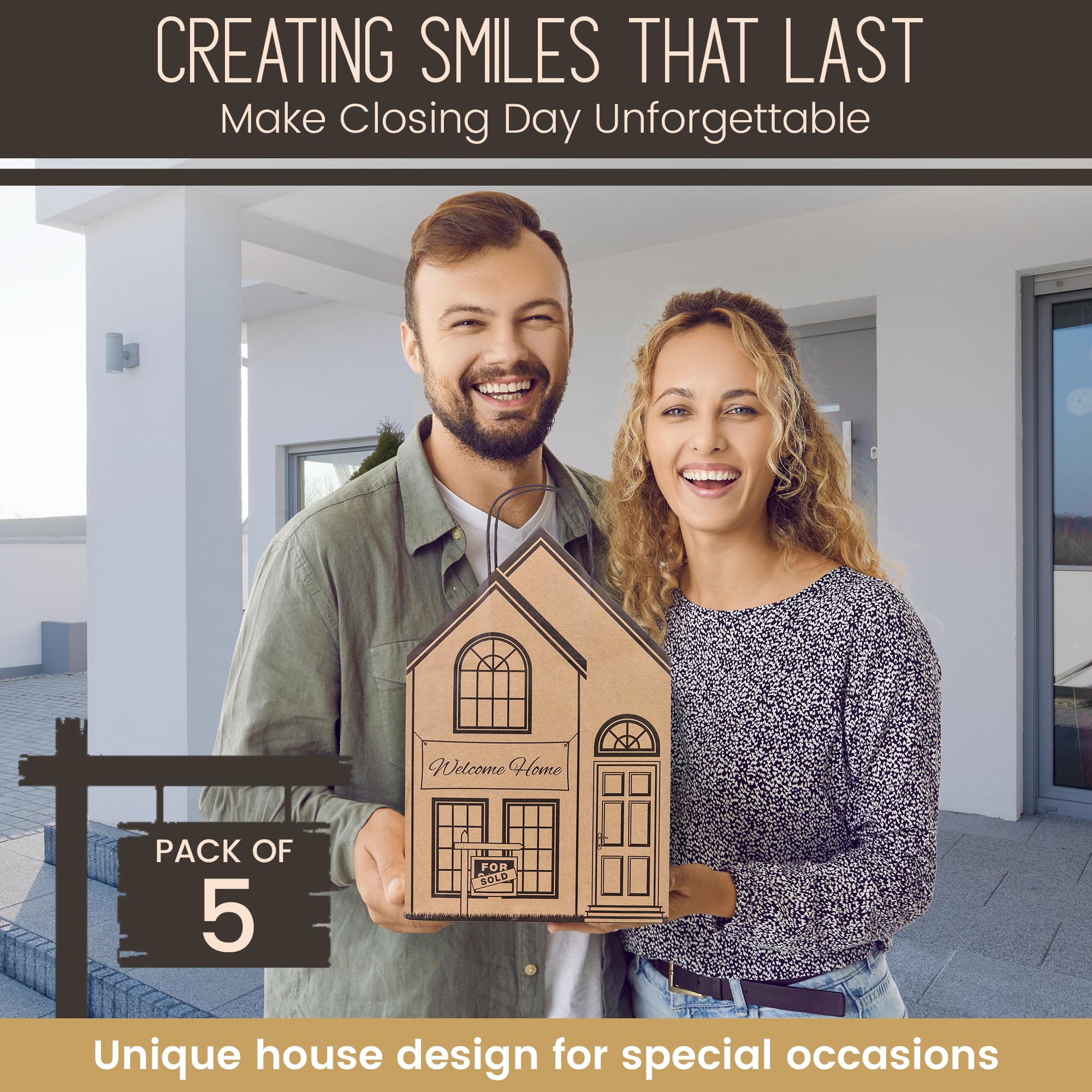 House-Shaped Gift Bags - 5 Pack Welcome Home Bags for Housewarming Parties, New Home Gifts & Real Estate Closing Gifts | Perfect for New Homeowners, Realtor Supplies & Housewarming Decorations | Ideal for Homewarming Celebrations, Client Appreciation & Real Estate Agent Gifts