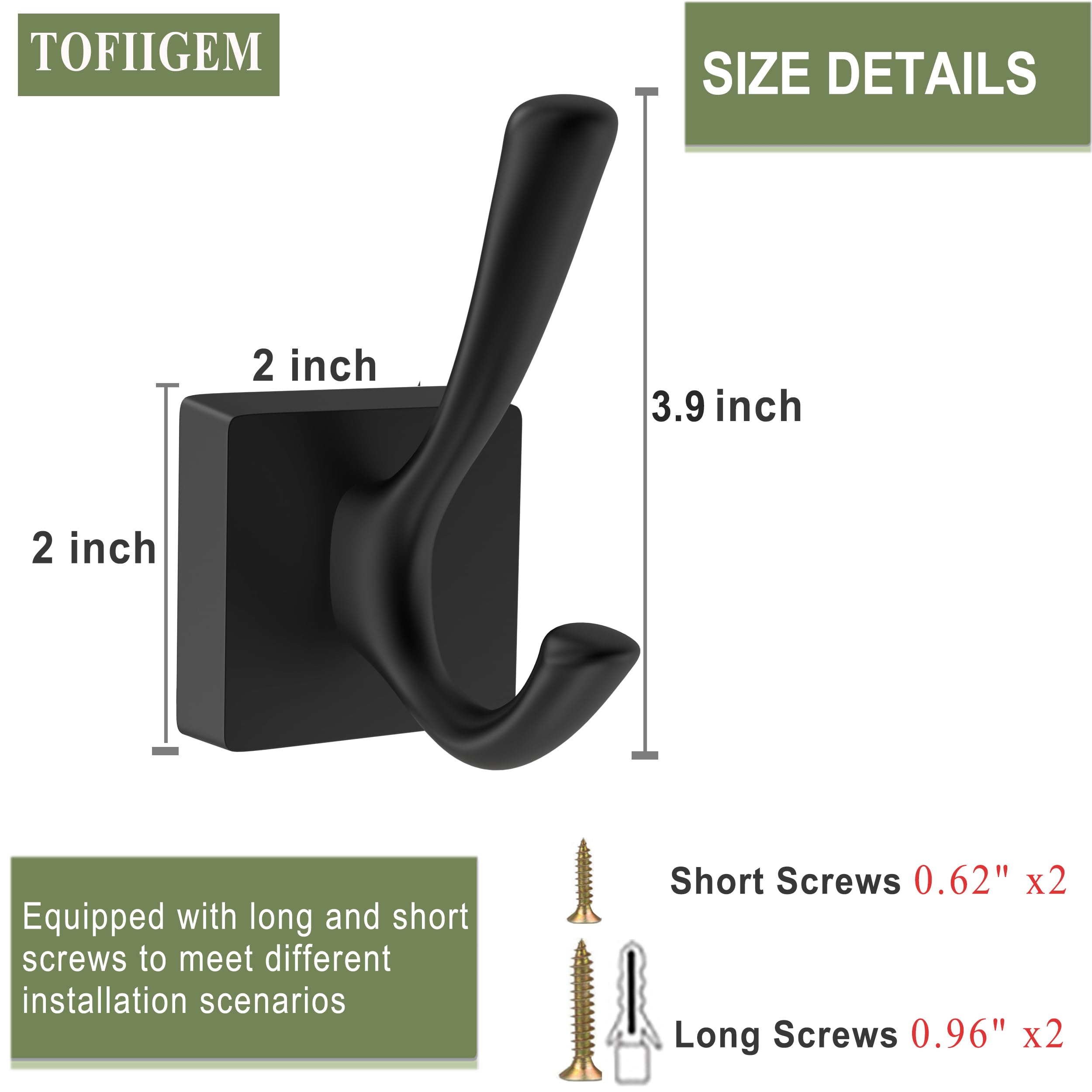 6 Pack Black Heavy Duty Wall Hooks - Modern Double Coat Hooks for Hanging Clothes, Robes, Towels & Backpacks | Perfect for Mudroom, Bathroom & Hallway Organization (Decorative Home Hooks)