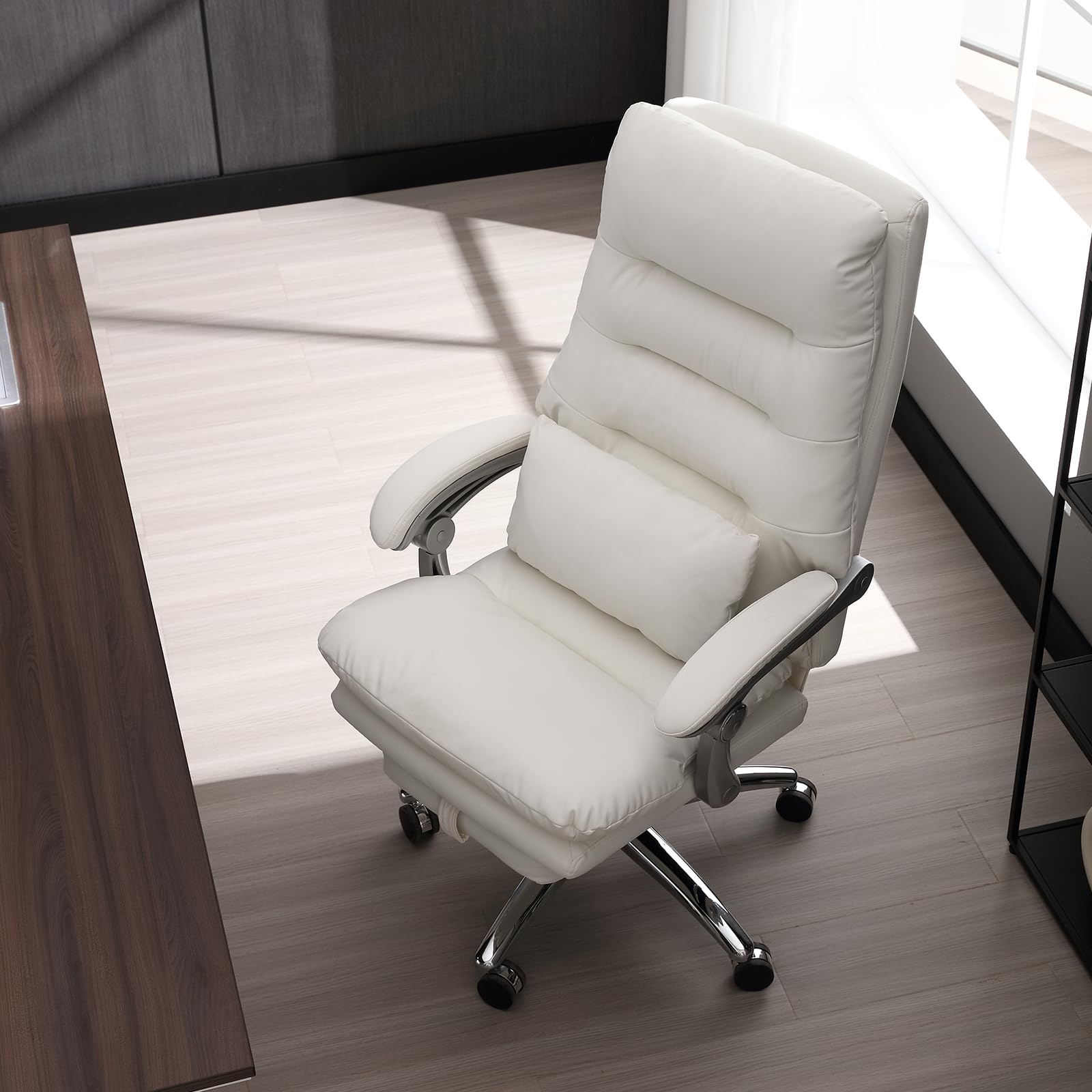 Ergonomic Office Chair with Footrest - High Back Executive Desk Chair with Padded Adjustable Armrests, Reclining Swivel Chair with Wheels & Double Thick Cushion for Comfort (Cream White) - Perfect for Home Office, Gaming, and Workspaces