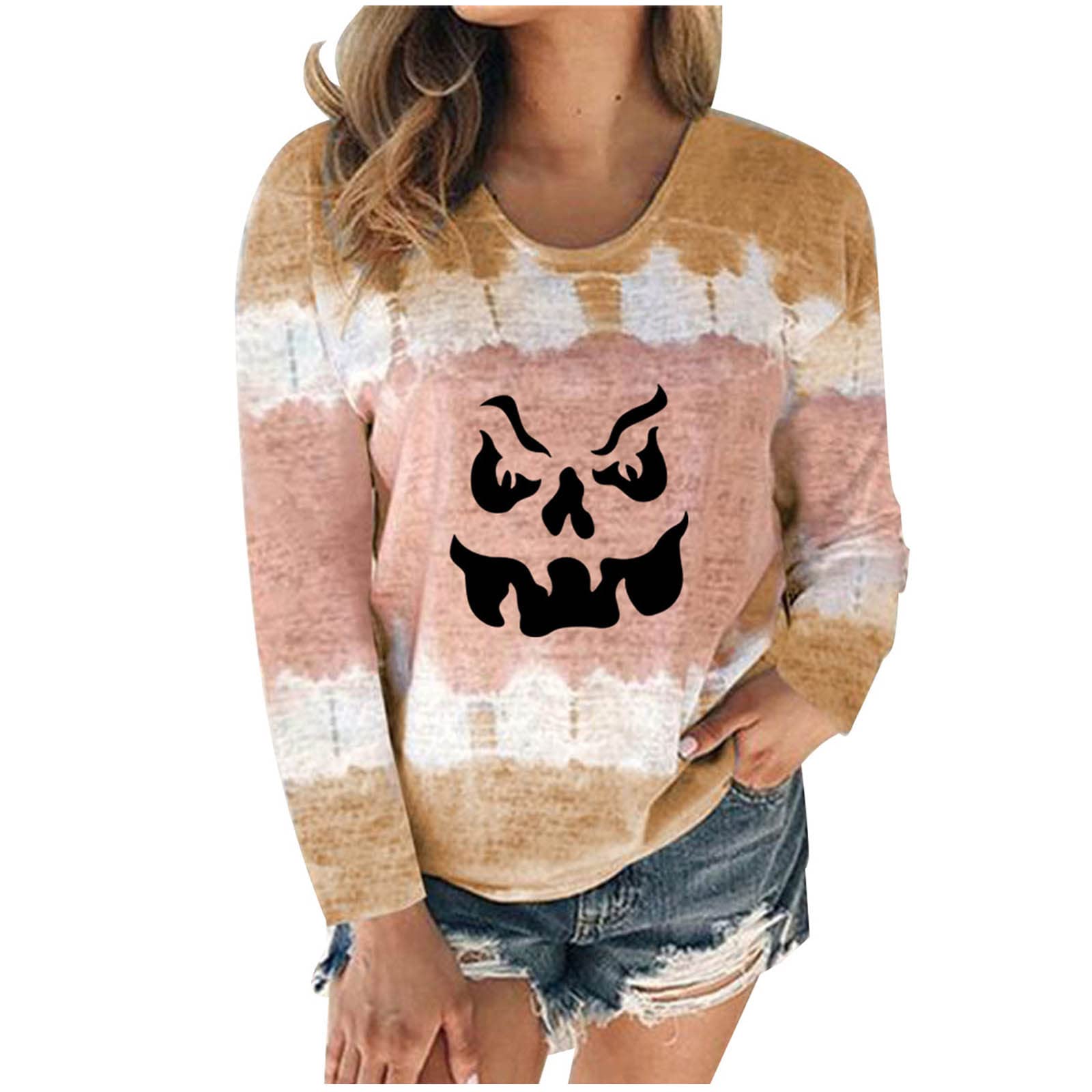 Halloween Tops for Women - Long Sleeve Tie Dye Print T-Shirts, Casual Round Neck Pullover Blouses - Perfect for Halloween Parties, Costume Events & Fall Fashion