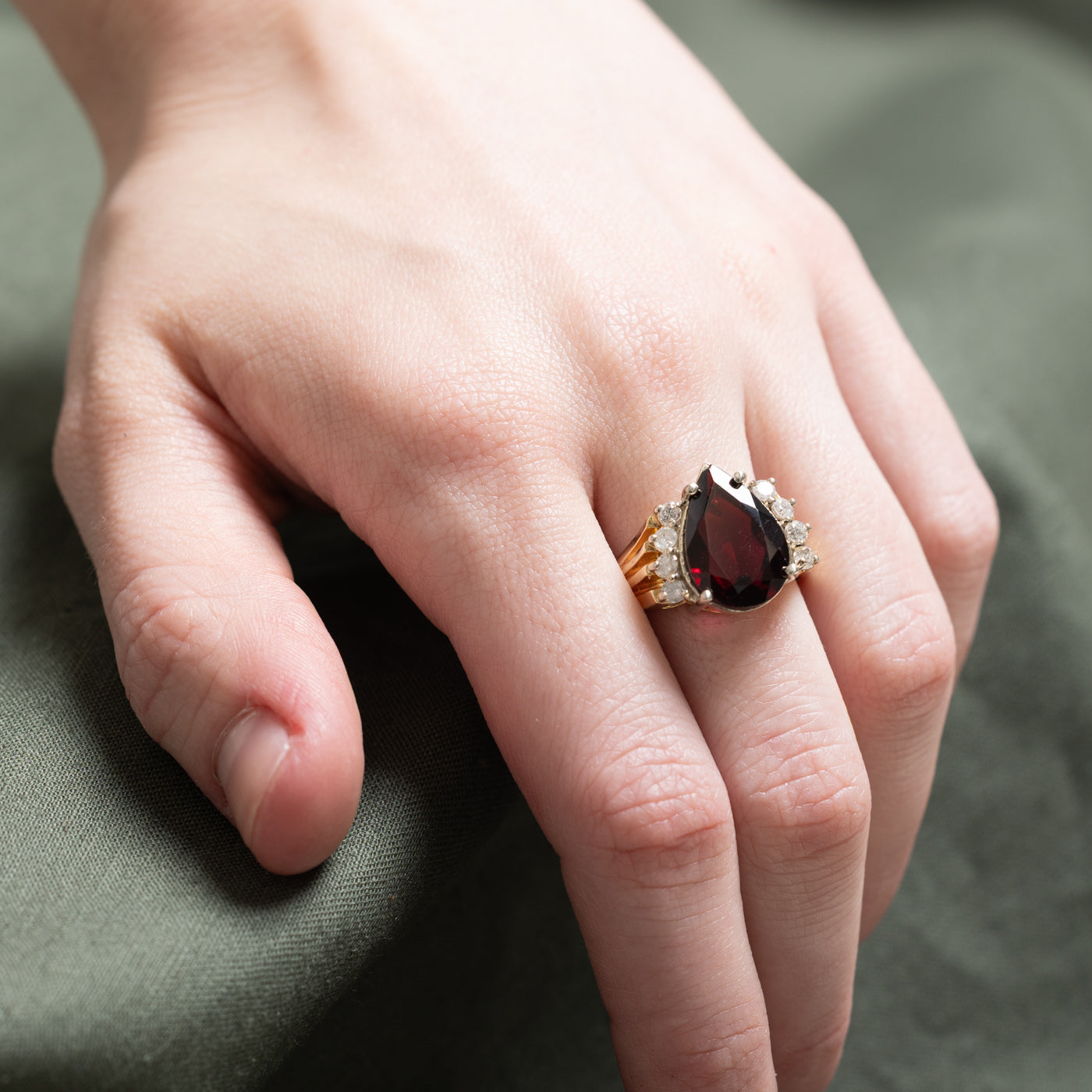 Pear Cut Garnet & Diamond Cocktail Ring - 4.25ct Garnet & 0.40ctw Diamonds - Size 9 - Elegant Evening Party Jewelry for Women