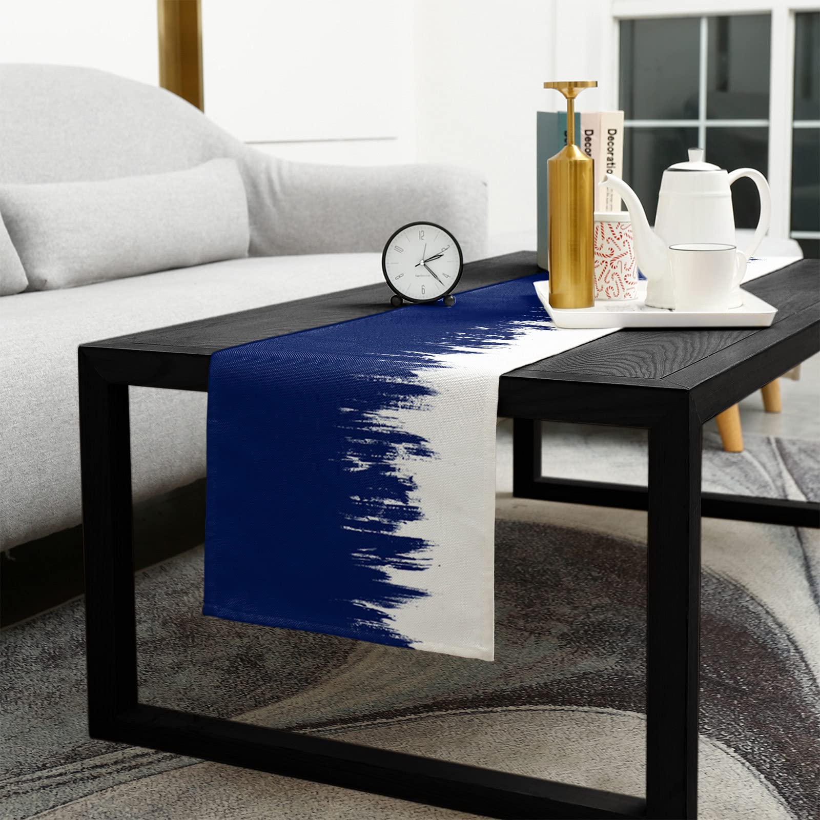 Navy Blue & White Textured Cotton Linen Table Runner - 36 Inch Long Modern Abstract Burlap Table Decor for Dining, Coffee Tables, Parties & Weddings | Perfect for Farmhouse, Rustic & Boho Home Decor