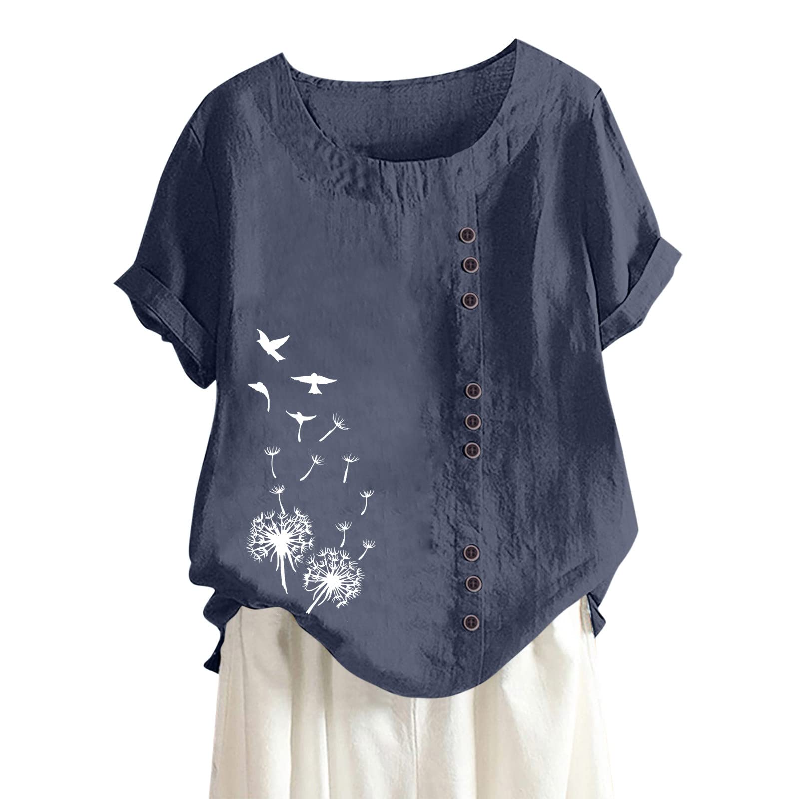 Women's Casual Cotton Linen T-Shirt - Loose Fit Printed Short Sleeve Top | Perfect for Summer Outfits, Beach Wear & Everyday Comfort
