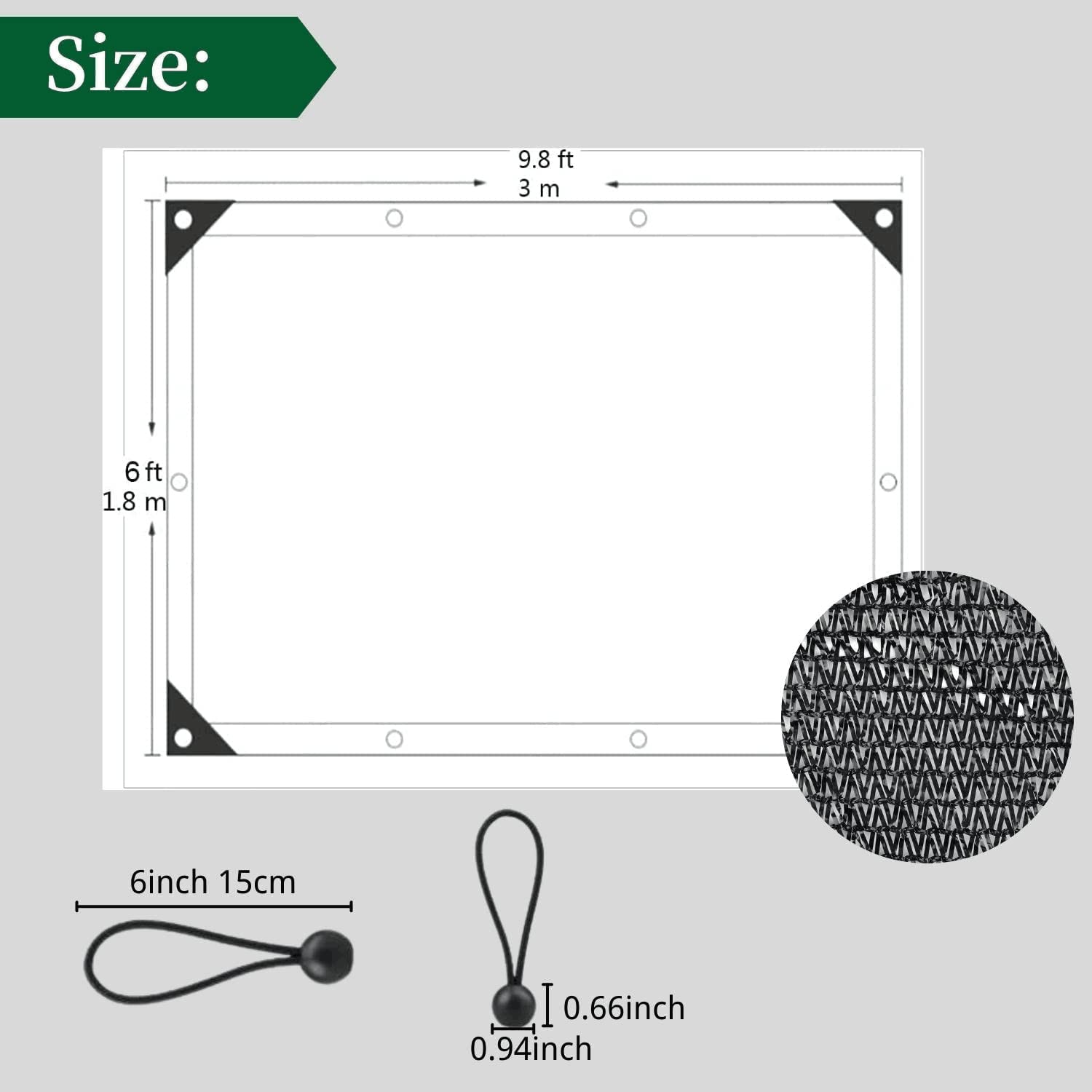 70% Shade Cloth 6x10 FT - UV Resistant Sunblock Garden Mesh with Grommets & 10 Ball Bungees - Green Shade Netting for Plants, Greenhouse, Patio, Chicken Coop, Pool Cover - Perfect for Outdoor Sun Protection & Gardening Needs