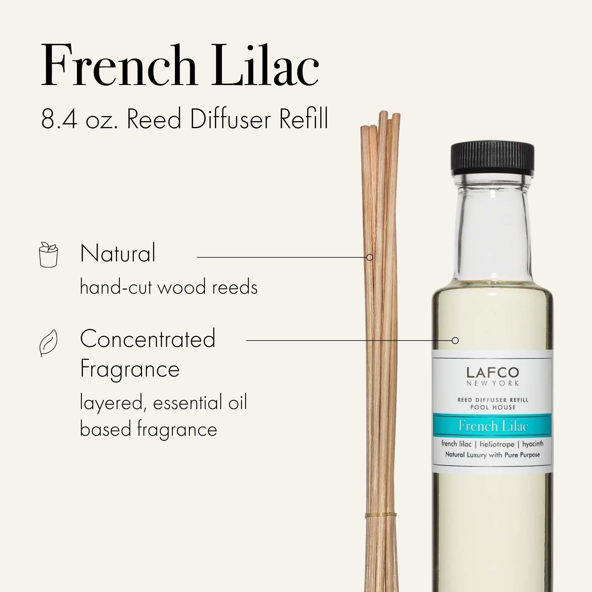 LAFCO New York Reed Diffuser Refill - French Lilac Scent, 8.4 oz | Long-Lasting 4-Month Fragrance | Natural Wood Reeds | Dye-Free & Propellant-Free | Made in USA | Perfect for Home, Office & Spa Aromatherapy