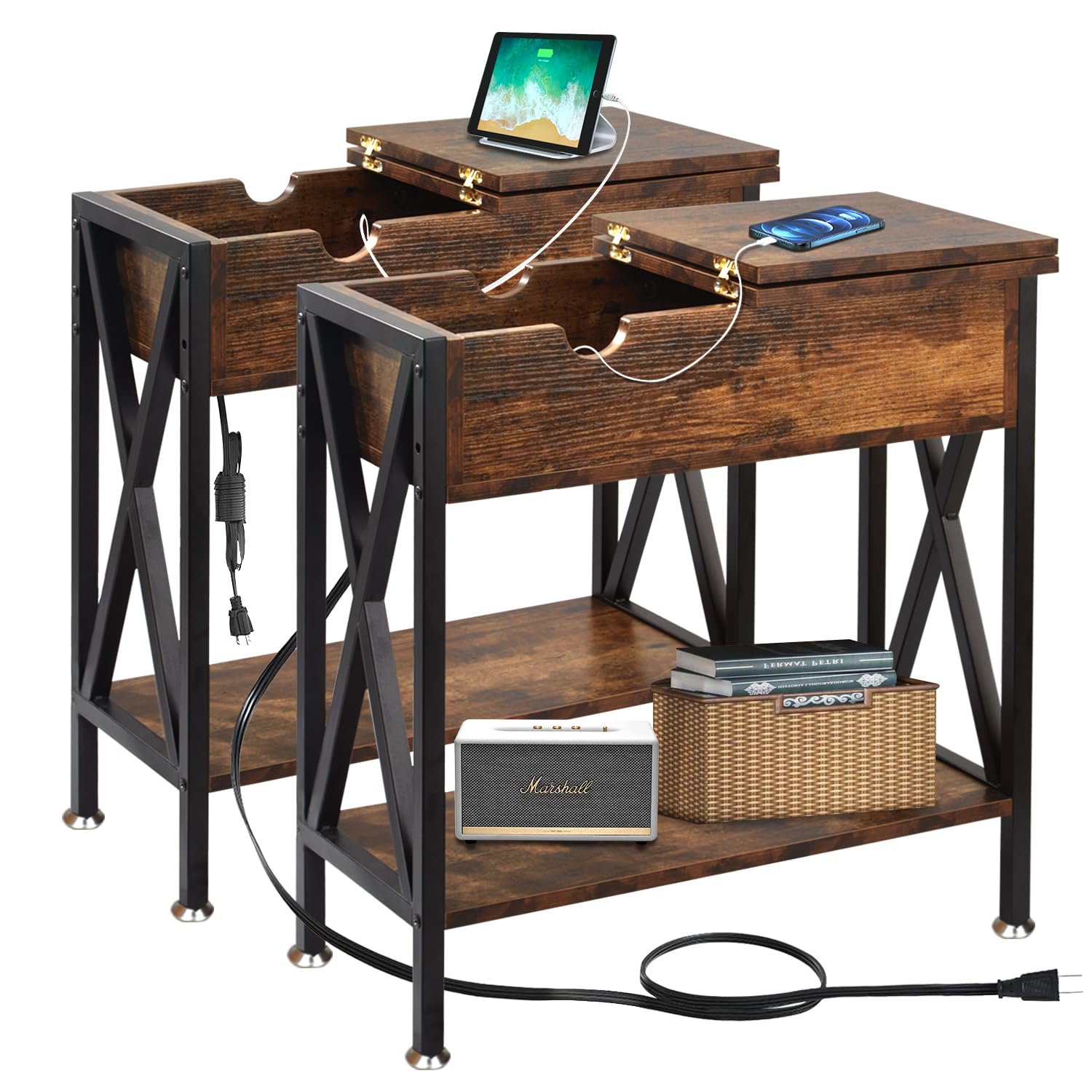**TooCust Set of 2 Narrow End Tables with Charging Station – 11.2