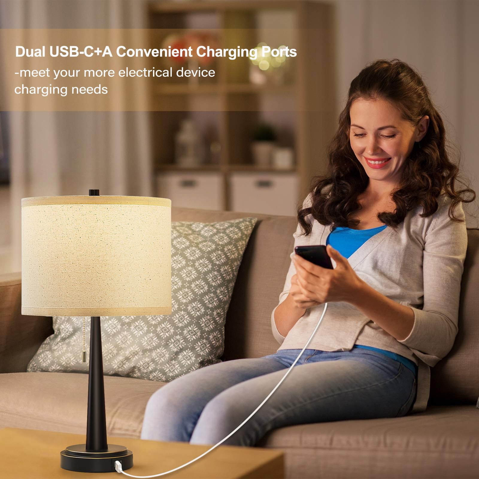 GyroVu Modern LED Table Lamp Set of 2 - USB-C/A Charging Nightstand Lamps with Pull Chain Switch, 9W Bulbs Included (Matte Black) - Perfect for Living Room, Bedroom & Office Lighting