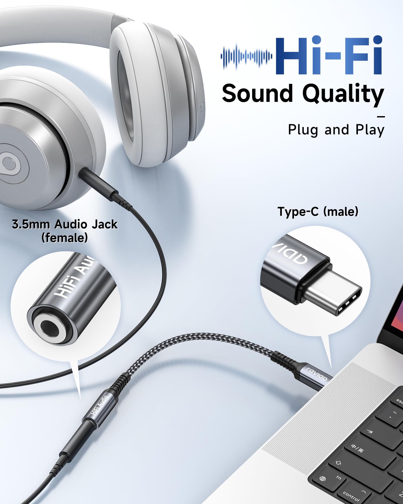 RAVIAD USB C to 3.5mm Headphone Adapter with Hi-Fi DAC Chip - Compatible with Samsung Galaxy S24/S23 Ultra, iPhone 15 Pro Max, iPad Pro/Air, Google Pixel, Xiaomi - Perfect for Music, Gaming & Calls on Phones & Tablets