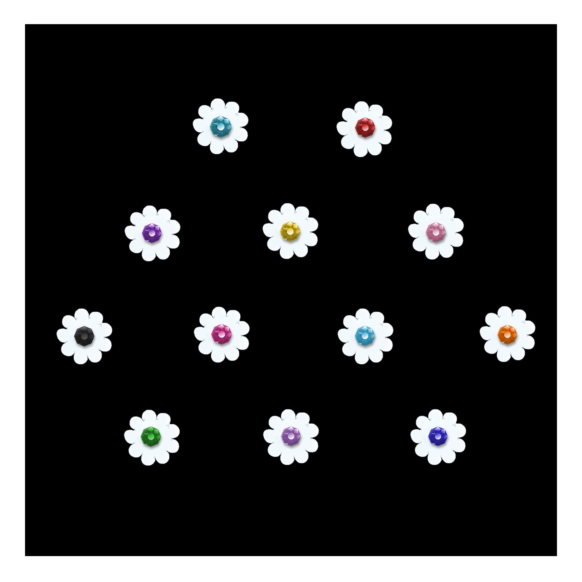 Comet Busters Cute White Floral Baby Bindis with Colorful Stones - 6mm Kids Face Decoration Stickers (BB036) for Birthday Parties, Festivals & Costume Events
