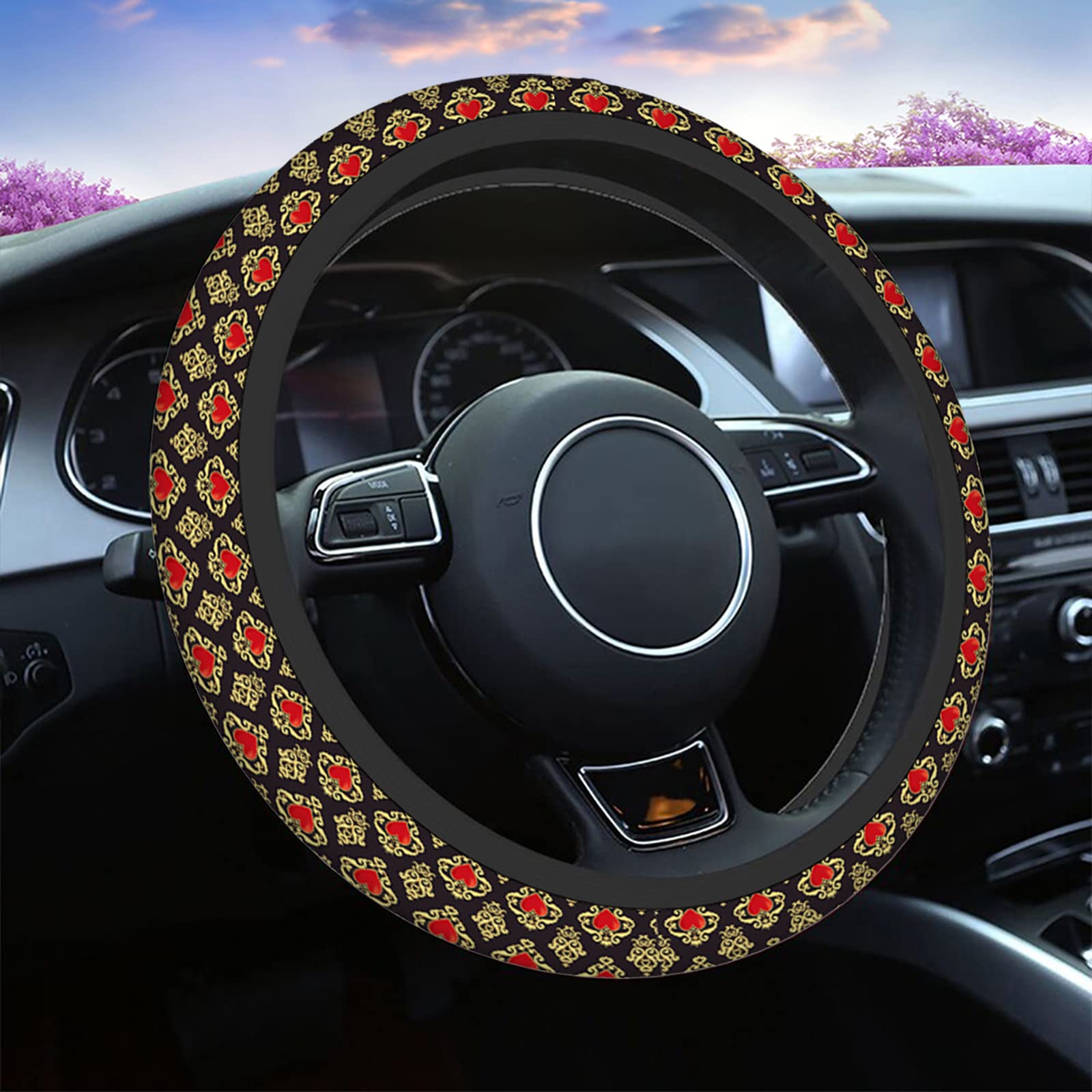 Swono Baroque Style Steering Wheel Cover - Non-Slip Neoprene Car Wrap with Red Heart & Crown Design, Comfort Grip Stretch-On Protector (15 Inch) - Perfect for Luxury Cars, Vintage Vehicles & Gift Giving