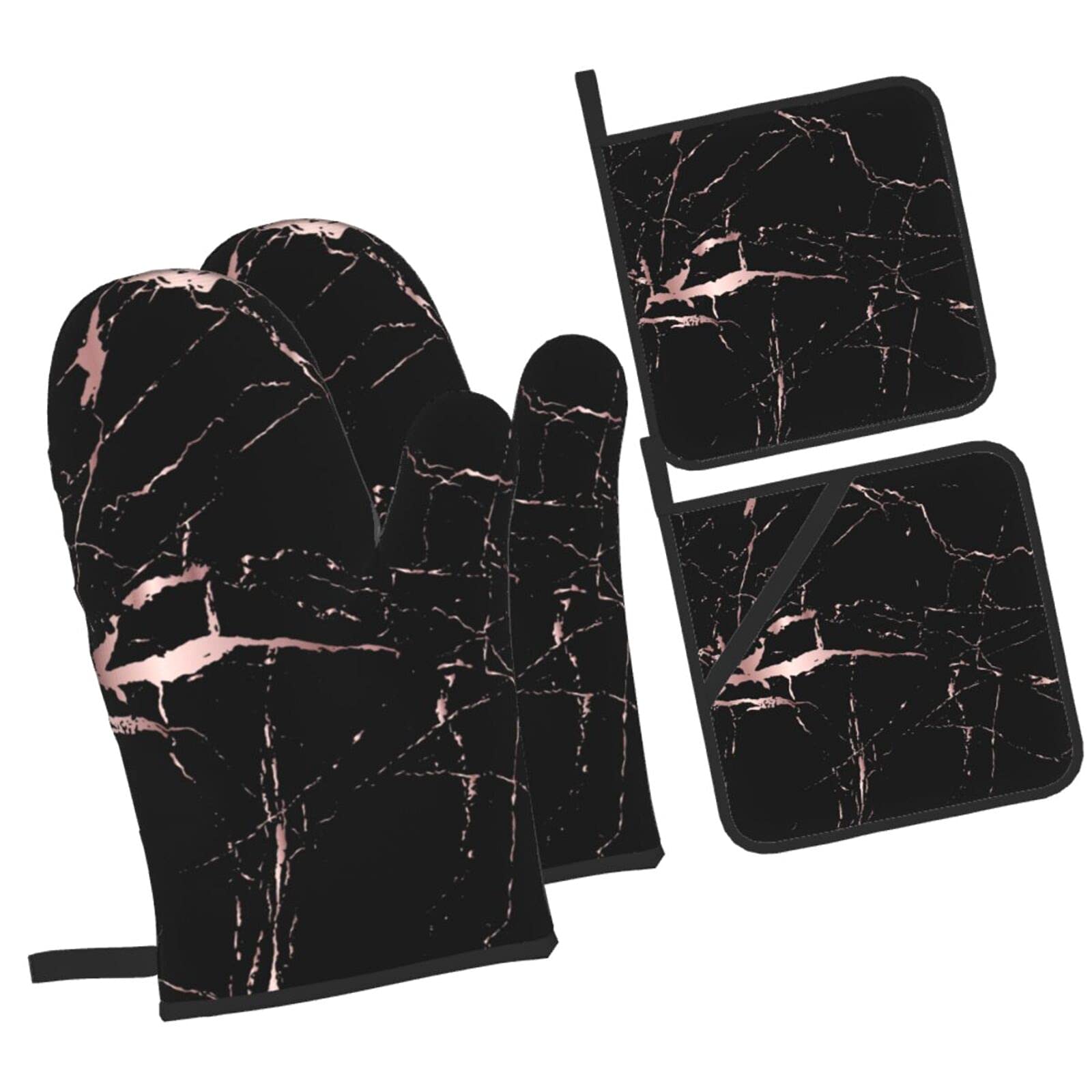 **Rose Gold & Black Marble Oven Mitt and Pot Holder Set of 4 - Heat Resistant, Non-Slip Kitchen Gloves for Baking, Cooking, Grilling, BBQ - Perfect for Home Chefs & Holiday Gifts**