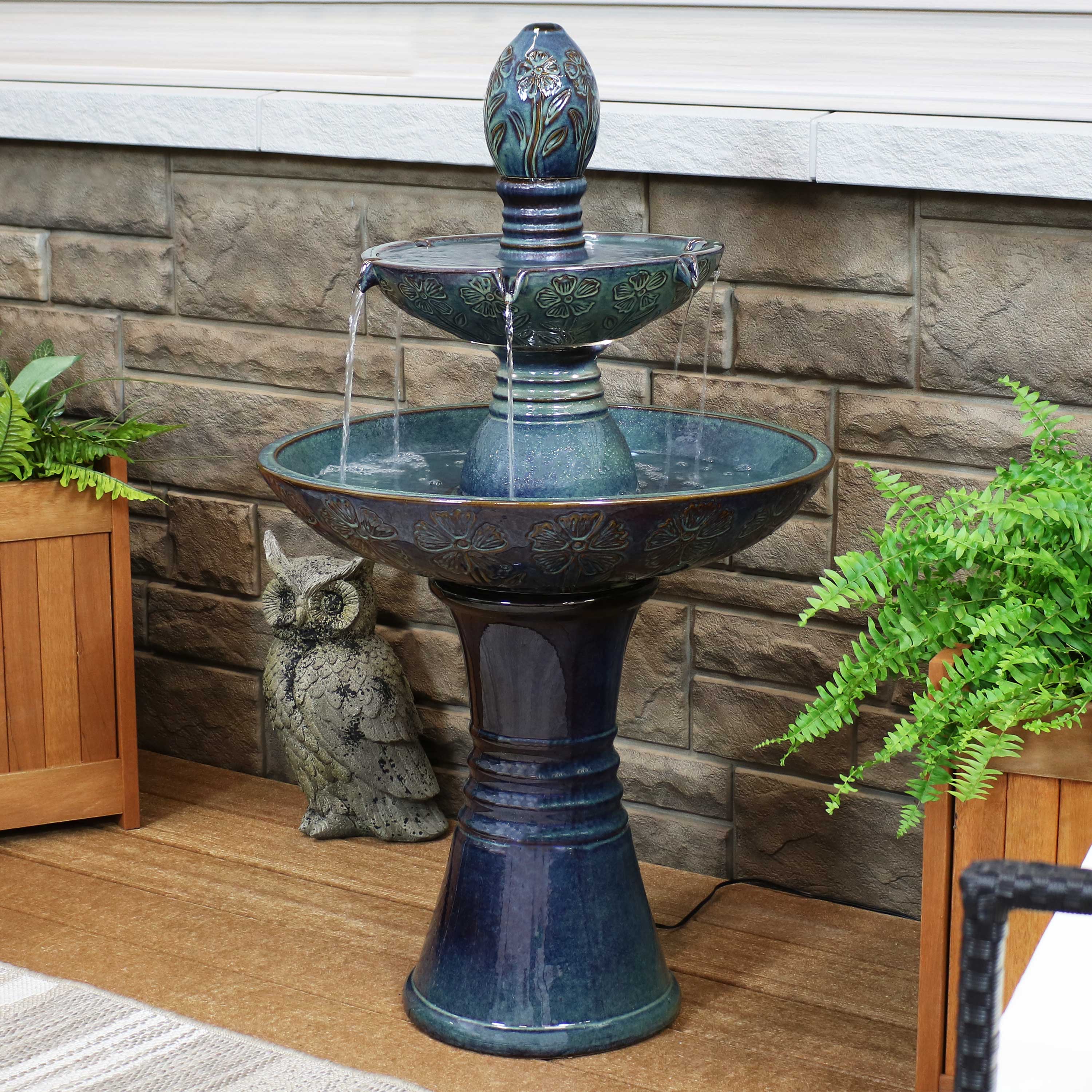 Double Tier Outdoor Ceramic Water Fountain with LED Lights - 38
