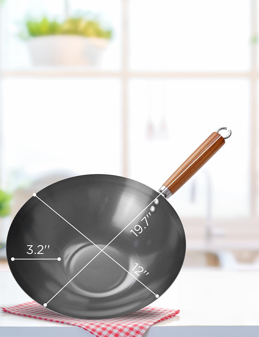 Commercial CHEF 12-Inch Carbon Steel Wok with Acacia Wood Handle - Non-Stick Ceramic Coated Stir Fry Pan - Safe for All Cooktops & Grills - Lighter & Cools Faster Than Cast Iron - Perfect for Asian Cooking, Stir-Frying & High-Heat Searing