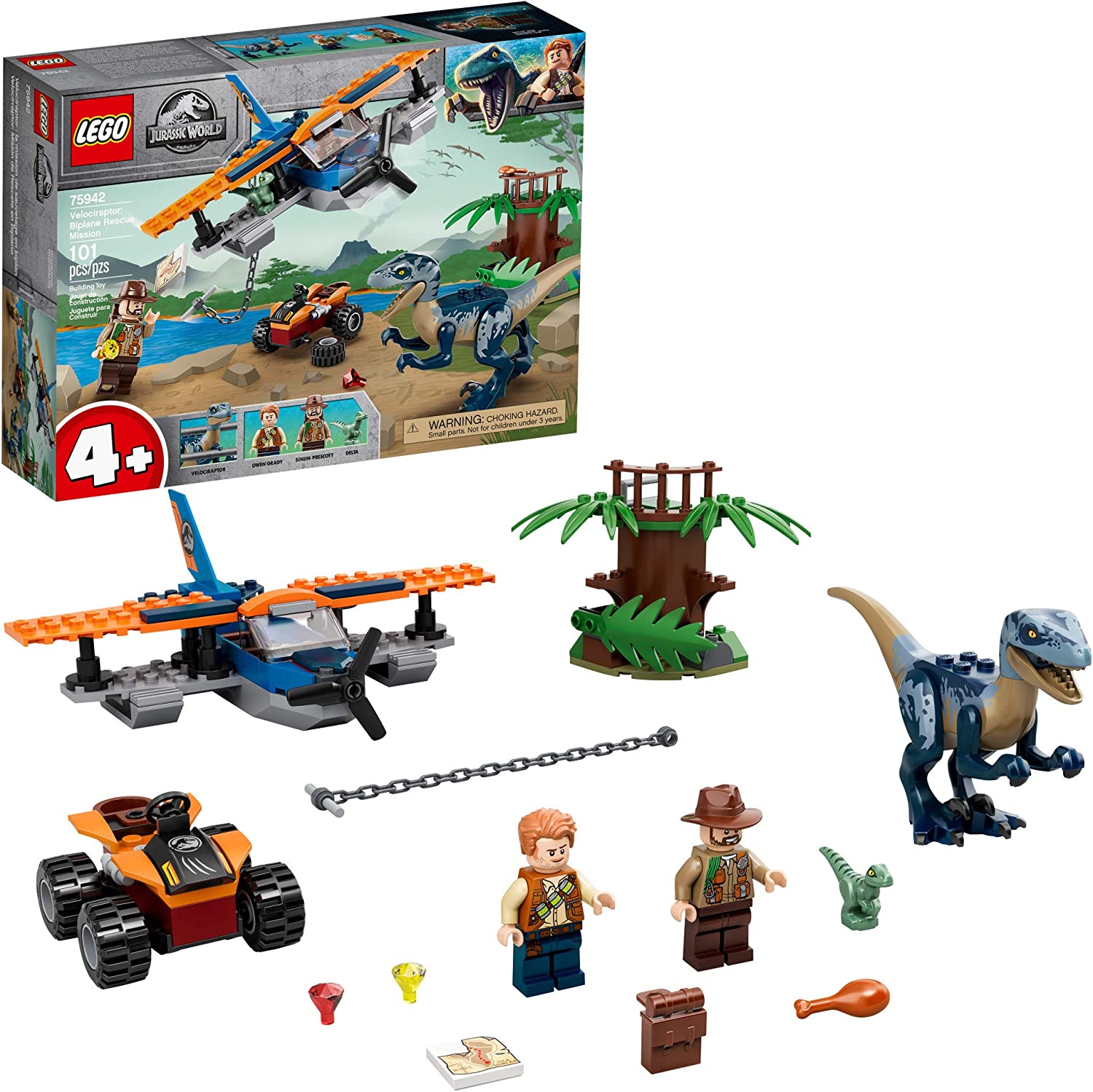 LEGO Jurassic World Velociraptor Biplane Rescue Mission 75942 Building Kit - Dinosaur Toy Set for Kids with Minifigures - Creative Play & Collector's Item for Jurassic Park Fans