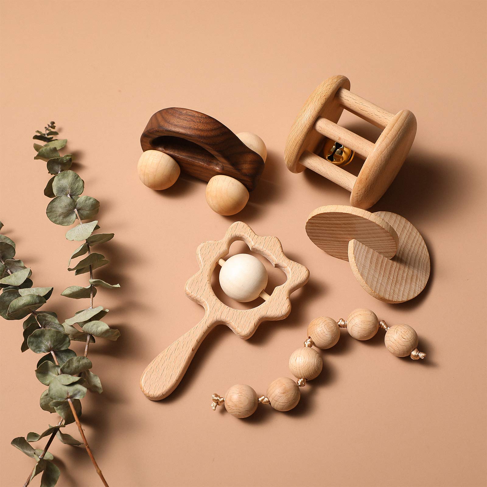 Montessori Wooden Baby Toys Set for 0-6 Months - Wooden Rattles, Grasping Toys, Push Car, Handbells, Interlocking Discs - Perfect Newborn Infant Gifts for Sensory Play & Early Learning