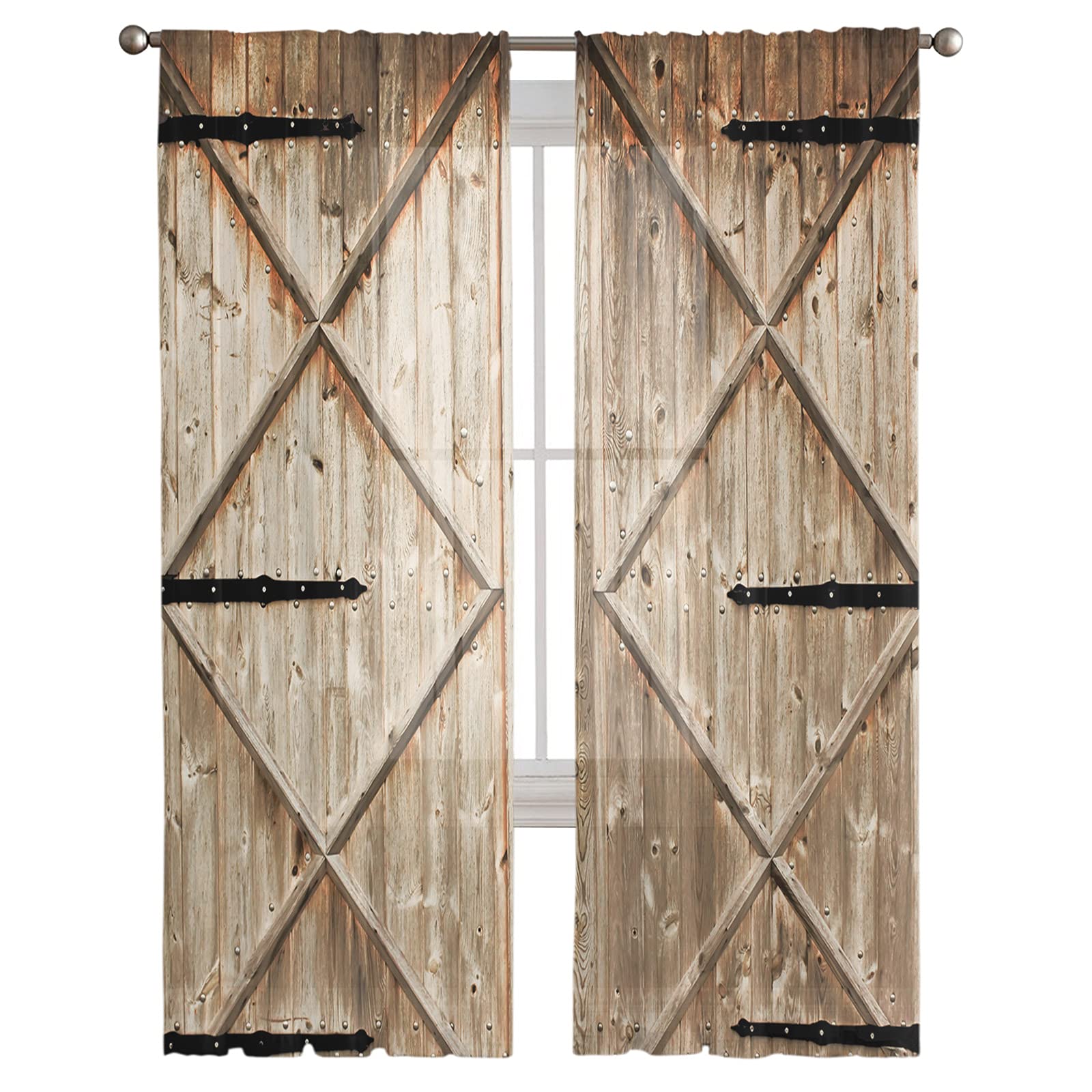 Voile Sheer Curtain Panels 63 Inch Length - Rustic Wood Door Barn Style Semi-Sheer Drapes with Rod Pocket - 2 Panel Set for Bedroom & Living Room - Washable Farmhouse Window Curtains - Perfect for Vintage Decor & Cozy Home Atmosphere