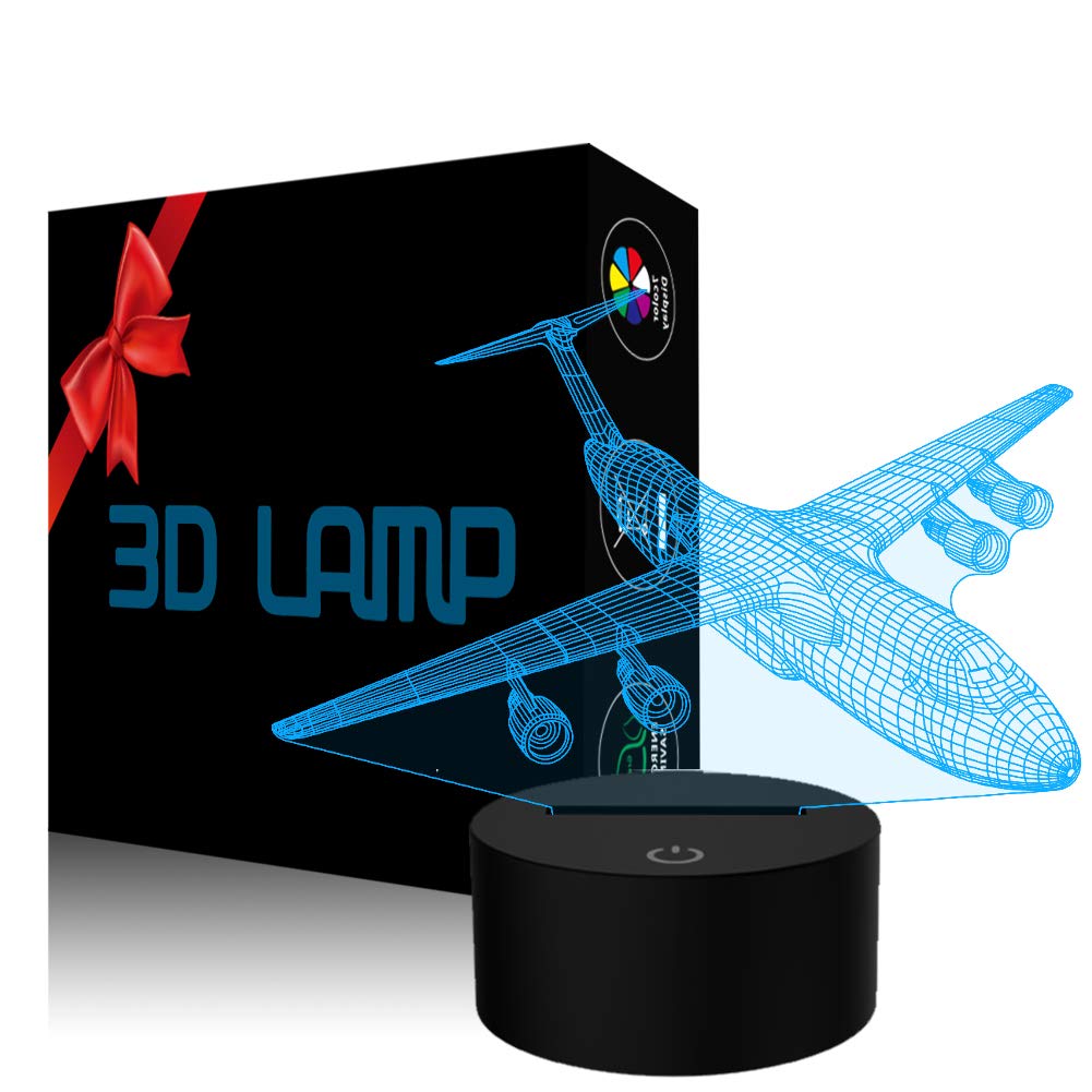 3D Airplane Night Light - 7 Color Changing LED Illusion Lamp with USB Cable & Touch Control | Fighter Jet Toy Desk Decor for Kids, Boys, Men | Perfect for Bedroom, Nursery, Office | Great Christmas & Birthday Gift Idea