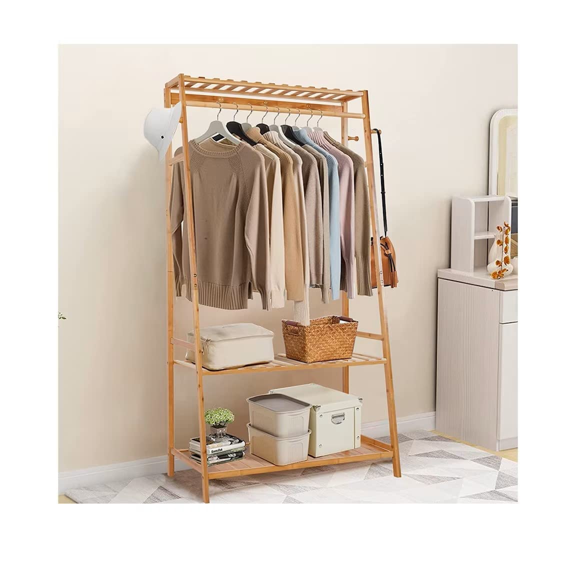 Wooden Floor Standing Clothes Rack - Open Wardrobe Bamboo Coat Hanger with Shoe Rack, Multifunctional Bedroom Clothing Organizer for Jackets, Dresses & Accessories - Perfect for Small Spaces, Dorm Rooms & Closet Organization