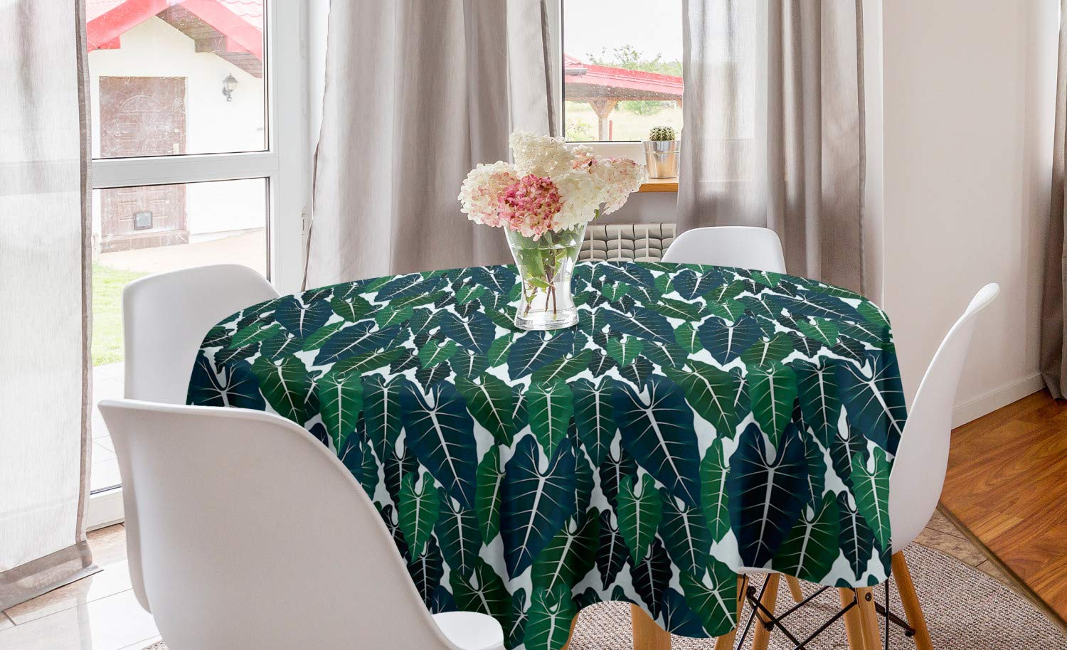 Ambesonne Philodendron Round Tablecloth - Exotic Leaf Australian Plants Design, 60 Inch Circular Table Cover for Dining Room & Kitchen Decor in Hunter Green & Petrol Blue | Perfect for Beach House, Garden Party, and Tropical Theme Events