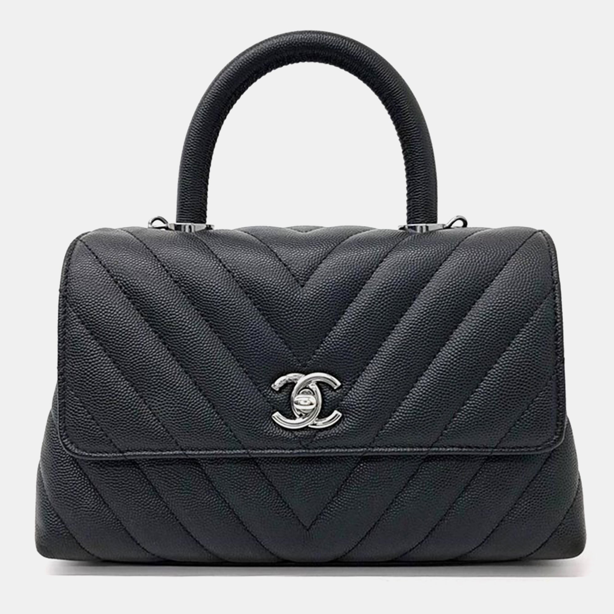 Luxury Black Caviar Leather Chevron Coco Handle Bag - Elegant Designer Handbag for Women | Perfect for Work, Parties & Special Occasions