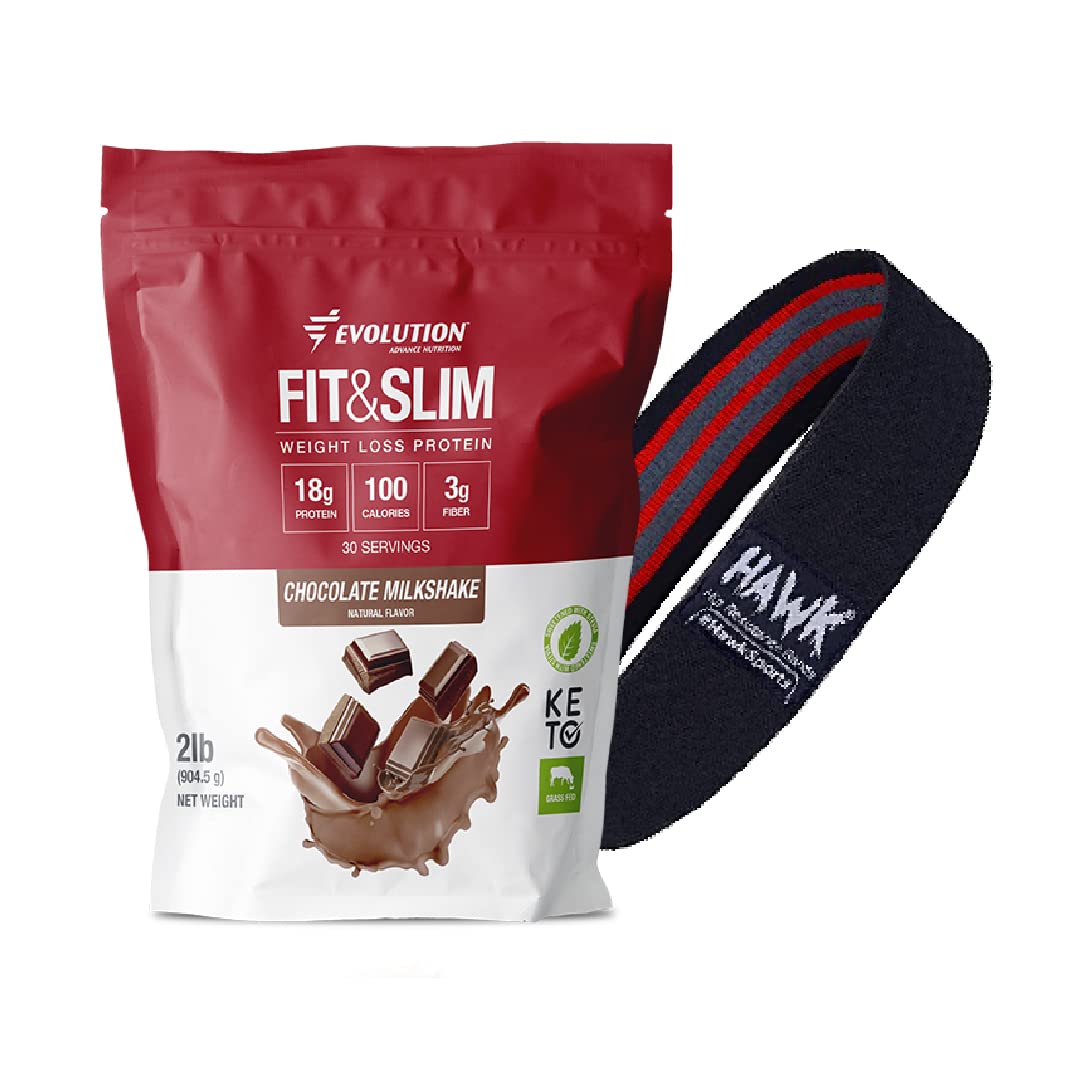 Evolution Advance Nutrition: Fit & Slim Blend Whey Protein Powder with Resistance Loop Bands - Grass Fed, High Protein & Fiber, Keto Friendly, Glucomannan & Inulin for Weight Loss - 2 lb Chocolate for Home Workouts & Post-Exercise Recovery