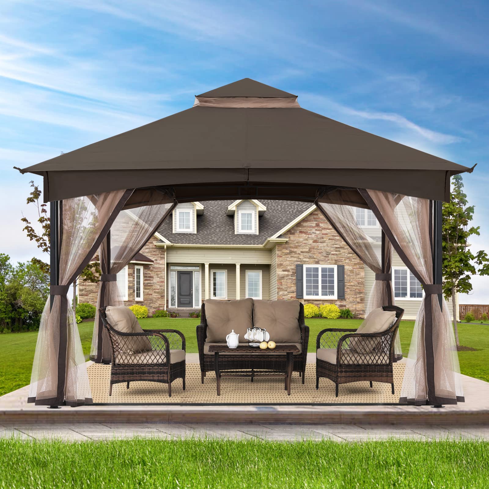 Tool-Free Patio Gazebo with Netting Walls - Easy Screw-Free Installation 11x11ft Dark Brown Outdoor Garden Canopy for Backyard, Deck, and Poolside Relaxation