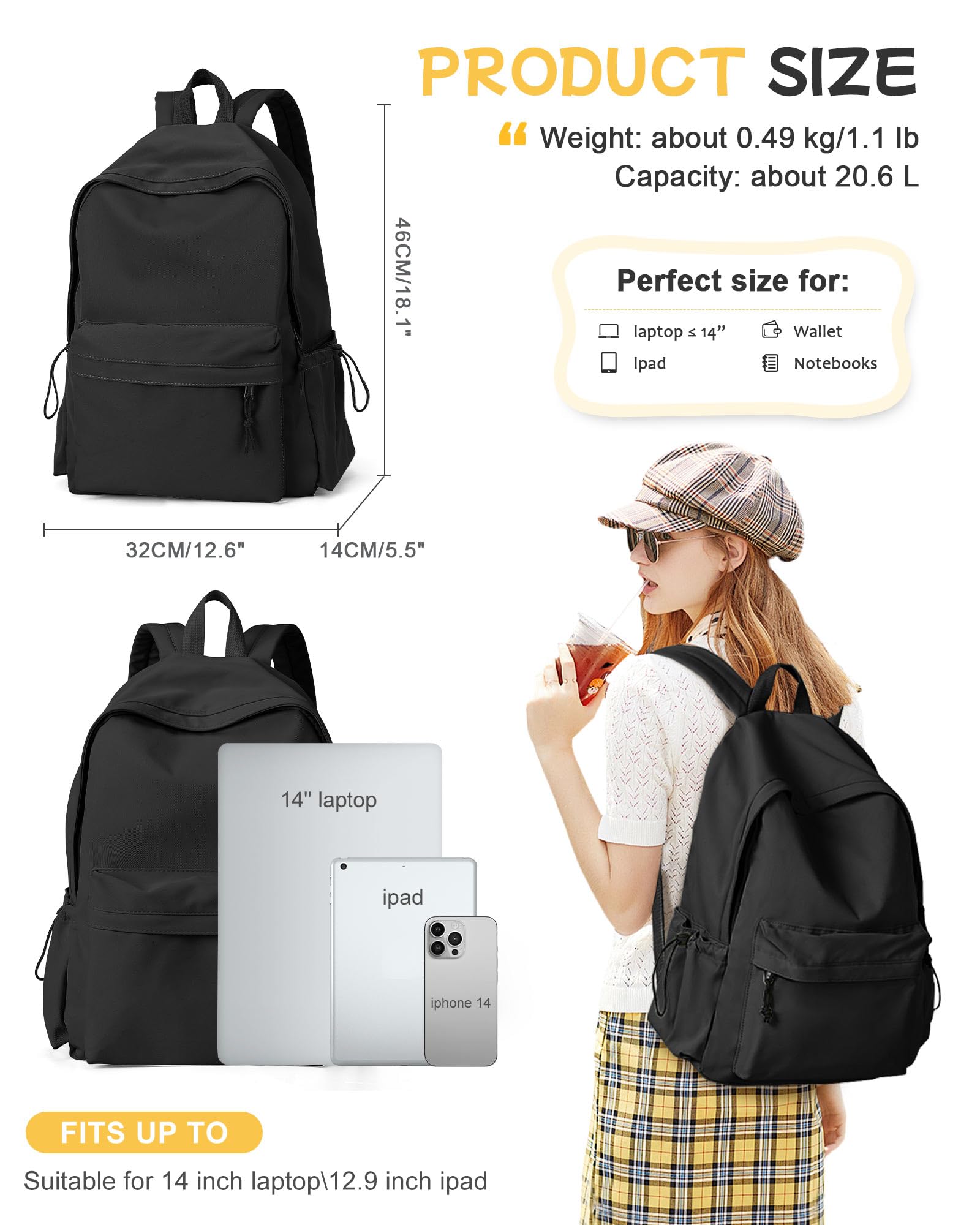 Stylish Black Waterproof Backpack for Women & Men - Lightweight School Bookbag for High School & College Students, Travel Daypack, Casual Rucksack - Perfect for Daily Commute, Campus Life & Outdoor Adventures