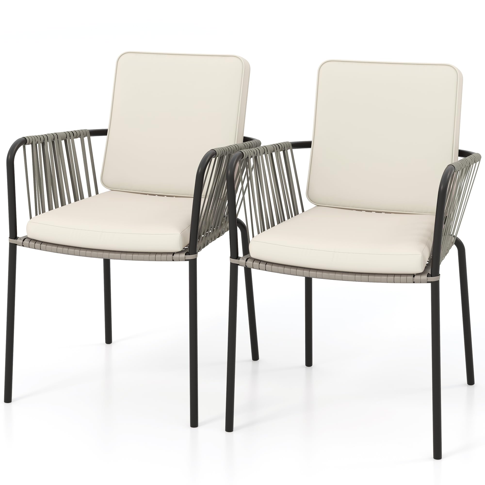 DWVO 2-Piece Outdoor Patio Dining Chairs Set with Arms & Cushions - Durable Rope & Rattan Design for Garden, Porch, Backyard, Poolside, Balcony - Weather-Resistant Grey Furniture for Relaxing & Entertaining