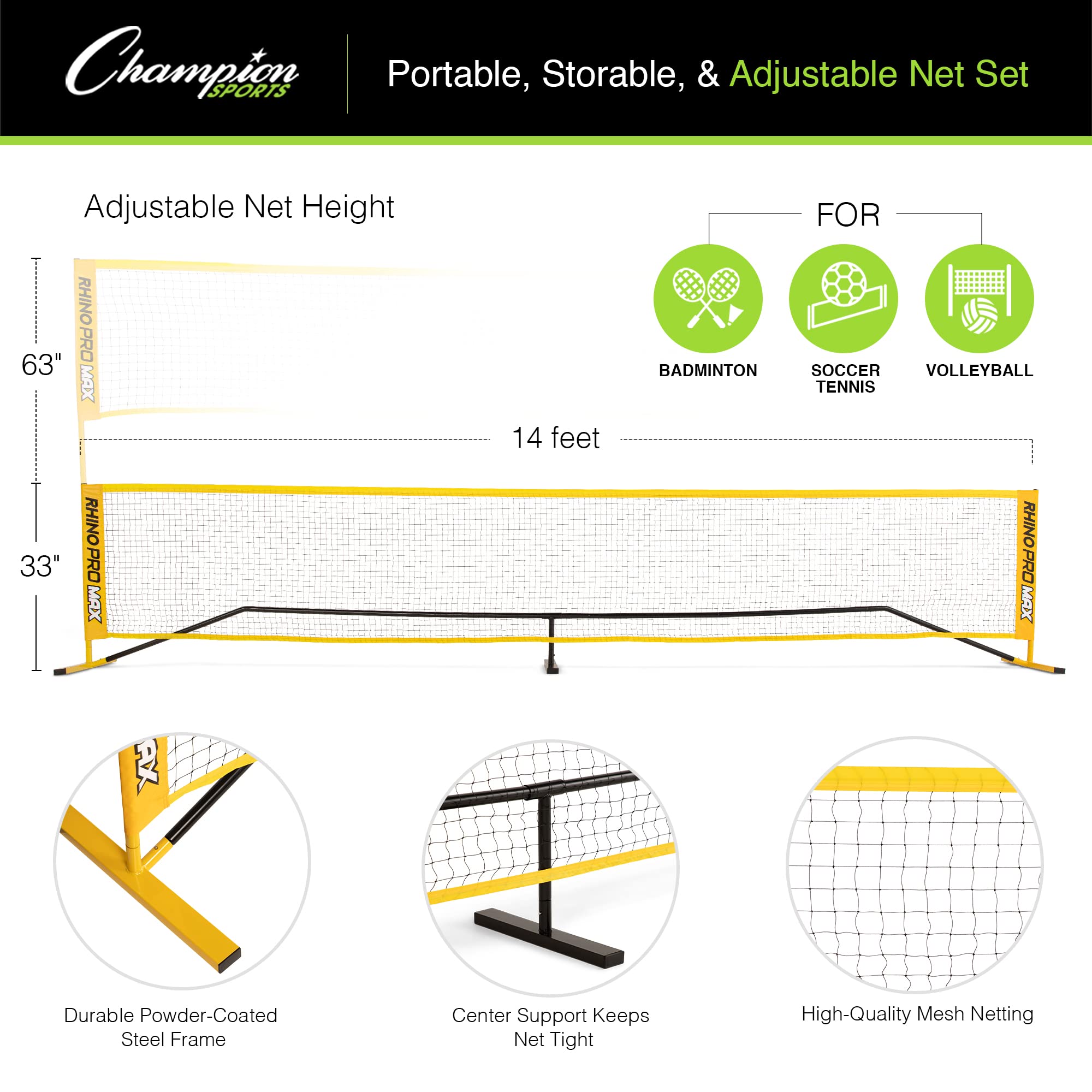 Champion Sports Adjustable Portable Net for Volleyball, Tennis, Pickleball & Badminton - Multiple Sizes for Backyard, Beach & Court Games