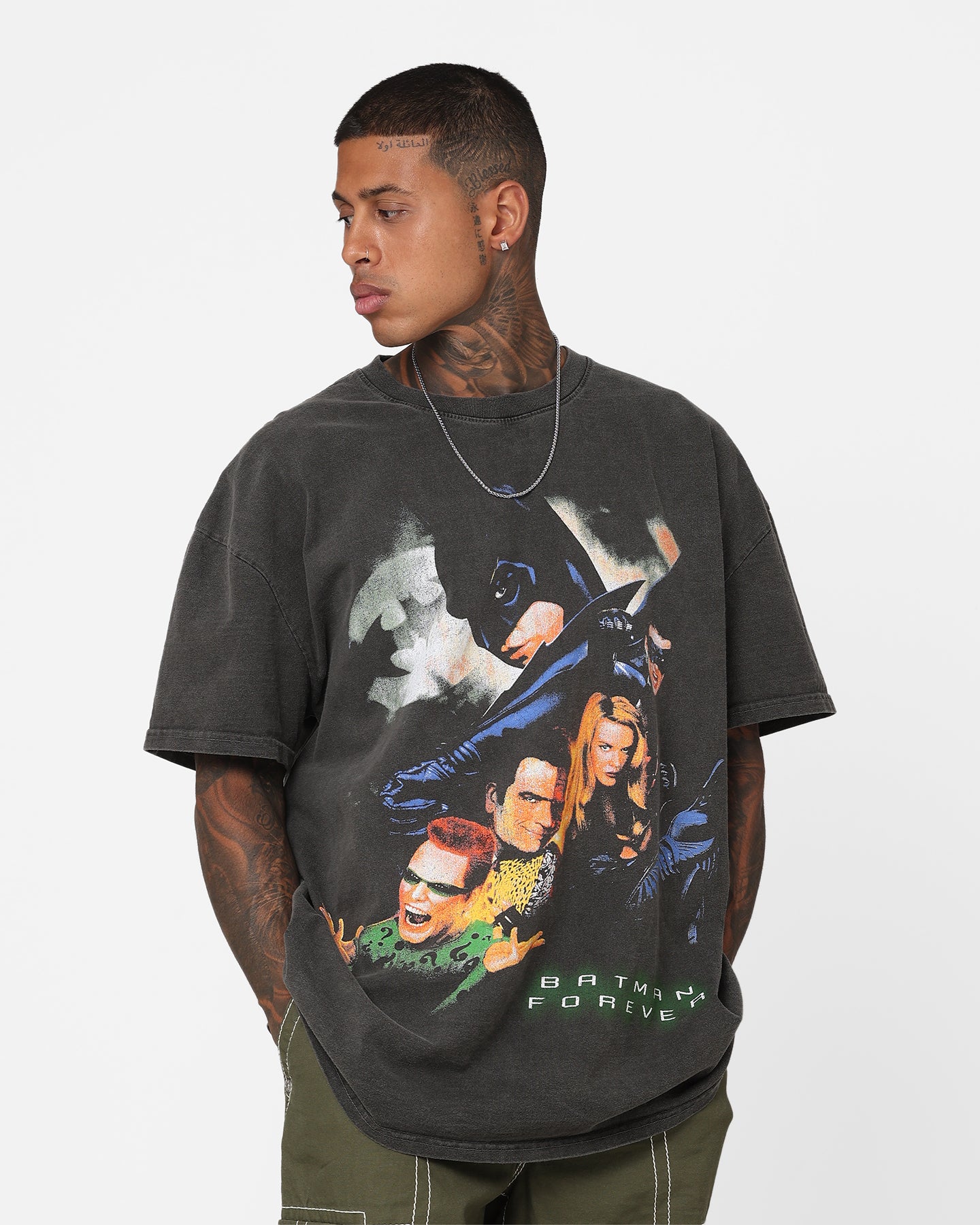 Vintage 1995 Batman Forever Heavyweight T-Shirt - DC Comics Graphic Tee - Black Wash Distressed Style - Perfect for Cosplay, Comic Con & Retro Fashion