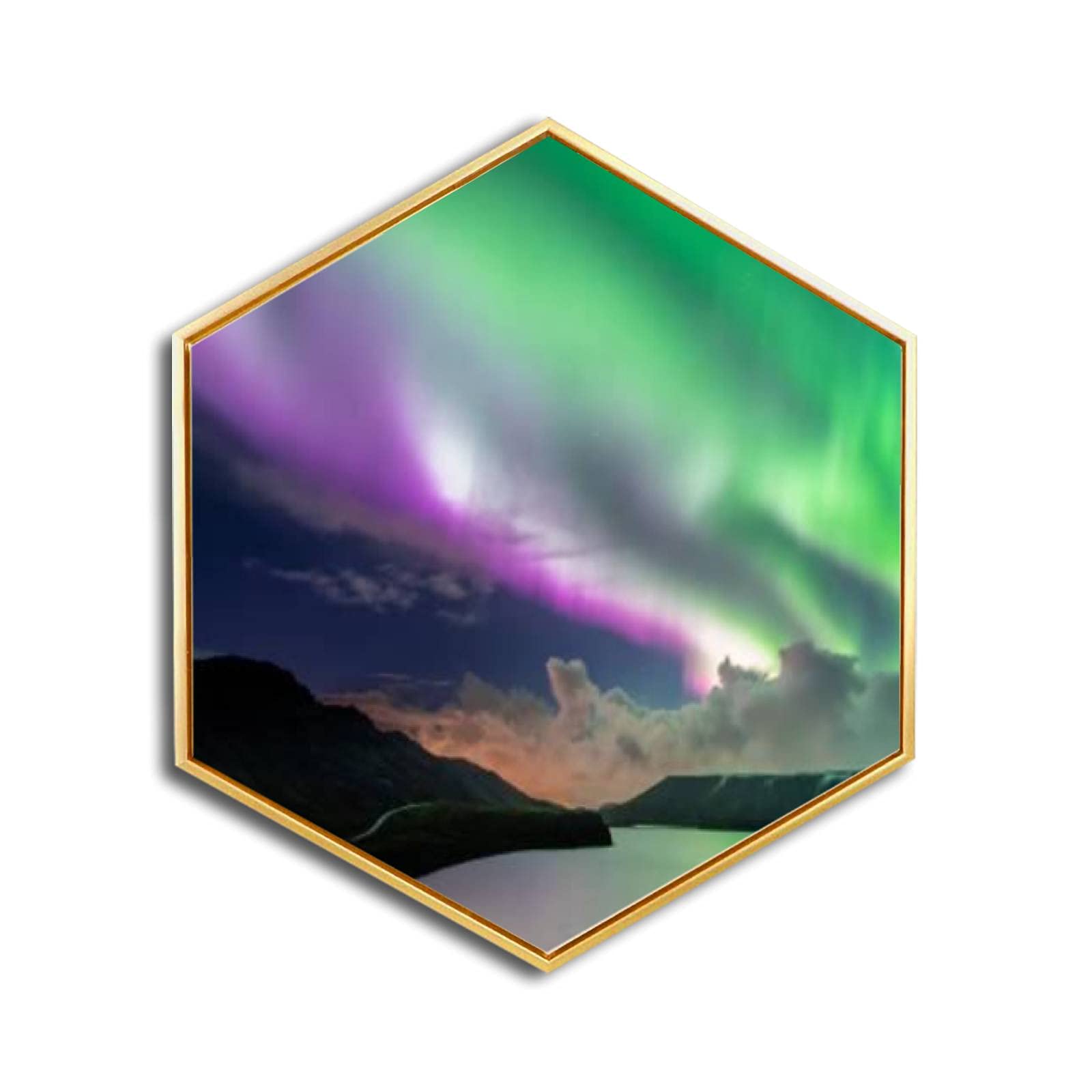 Colorful Borealis Golden Framed Canvas Wall Art - Modern Hexagon Giclee Prints for Home & Office Decor | Ready to Hang | Perfect for Living Room, Bedroom & Workspace