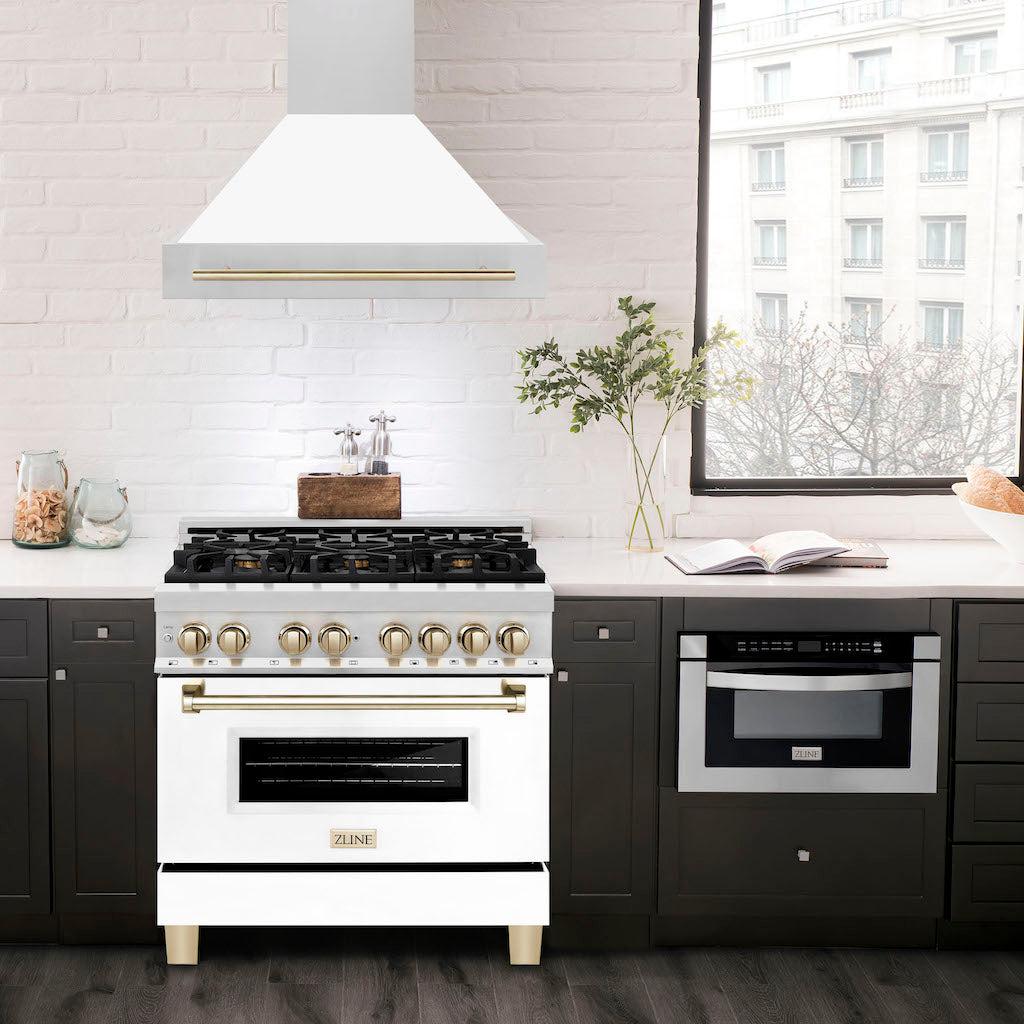 ZLINE Autograph Edition 36 Inch Stainless Steel Range Hood with White Matte Shell & Handle (8654STZ WM36) - Premium Kitchen Ventilation for Modern Homes & Professional Chefs