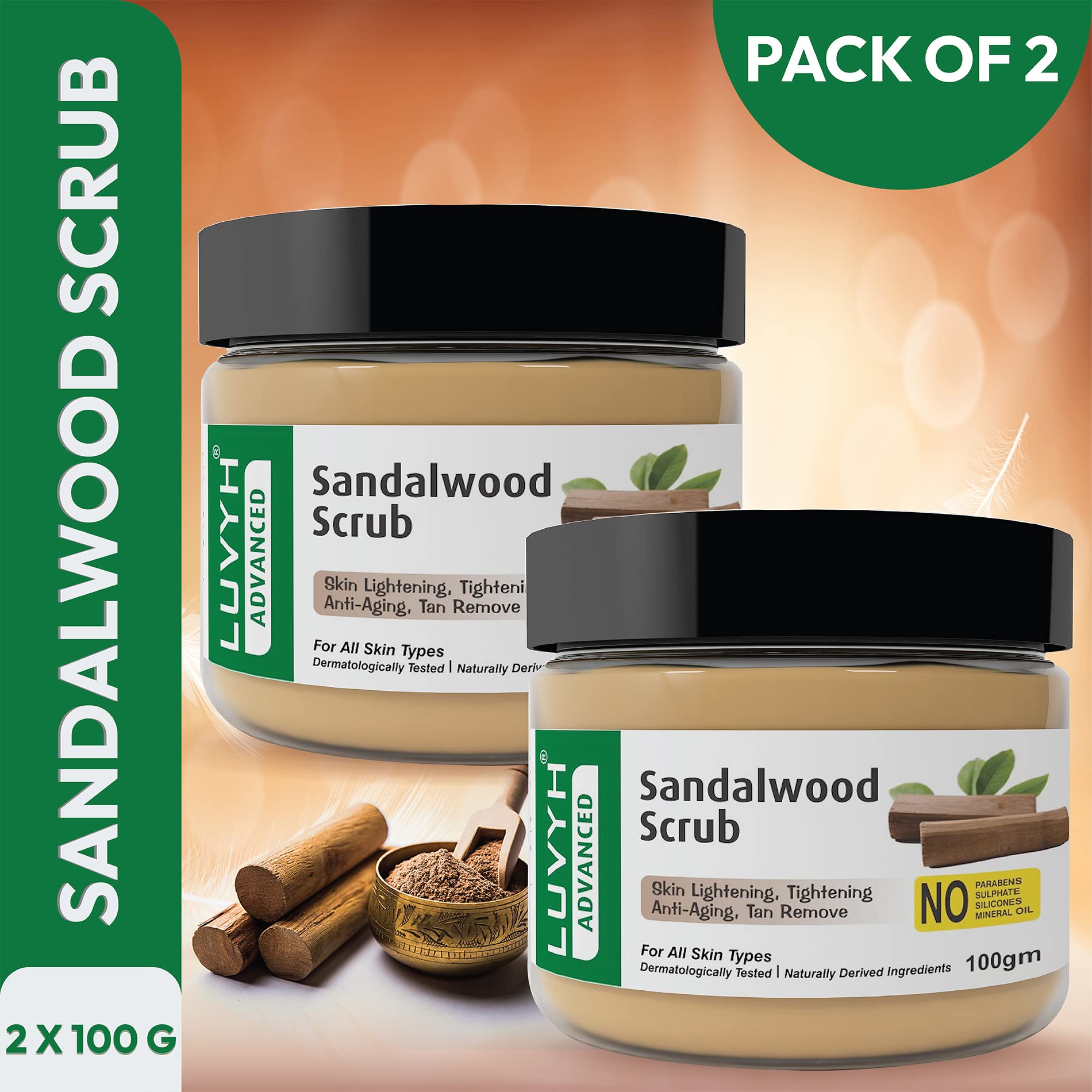 Organic Sandalwood & Turmeric Brightening Scrub - Dark Spot Corrector, Tan Removal for Glowing Skin - 200g (Pack of 2) for Men & Women - Perfect for Post-Sun Care & Daily Skin Brightening Routine