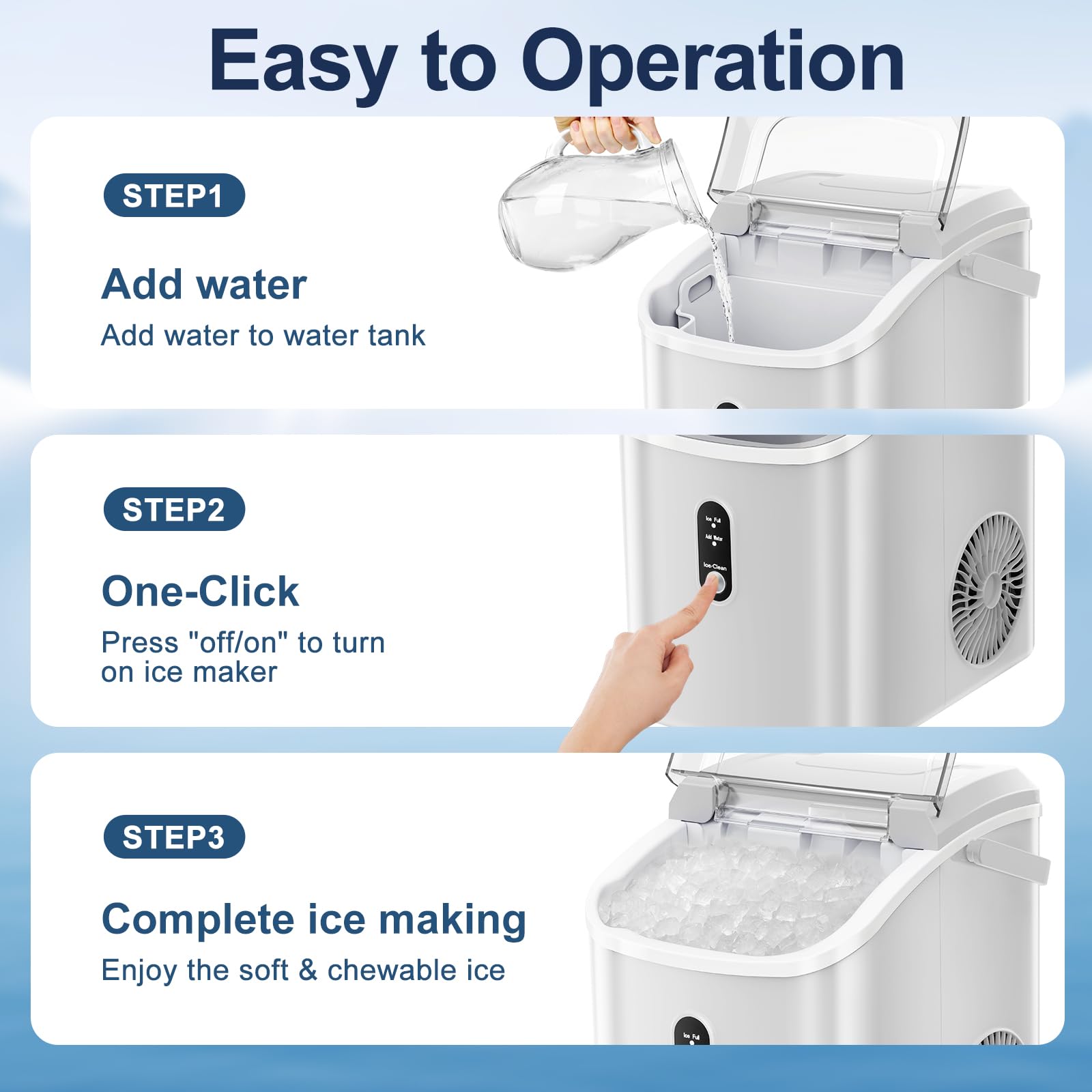 ZAFRO Portable Countertop Ice Maker with Handle - 35.5Lbs/24H Fast Ice Production, Self-Cleaning Nugget Ice Machine with Ice Basket & Scoop - Perfect for Home, Office, Parties & Outdoor Use - White