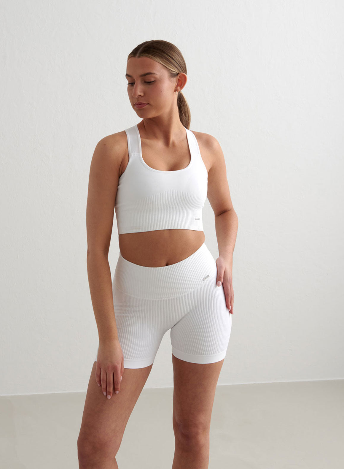 White Ribbed Midi Biker Shorts for Women - High Waist Yoga Cycling Workout Shorts - Perfect for Gym, Running, and Casual Wear