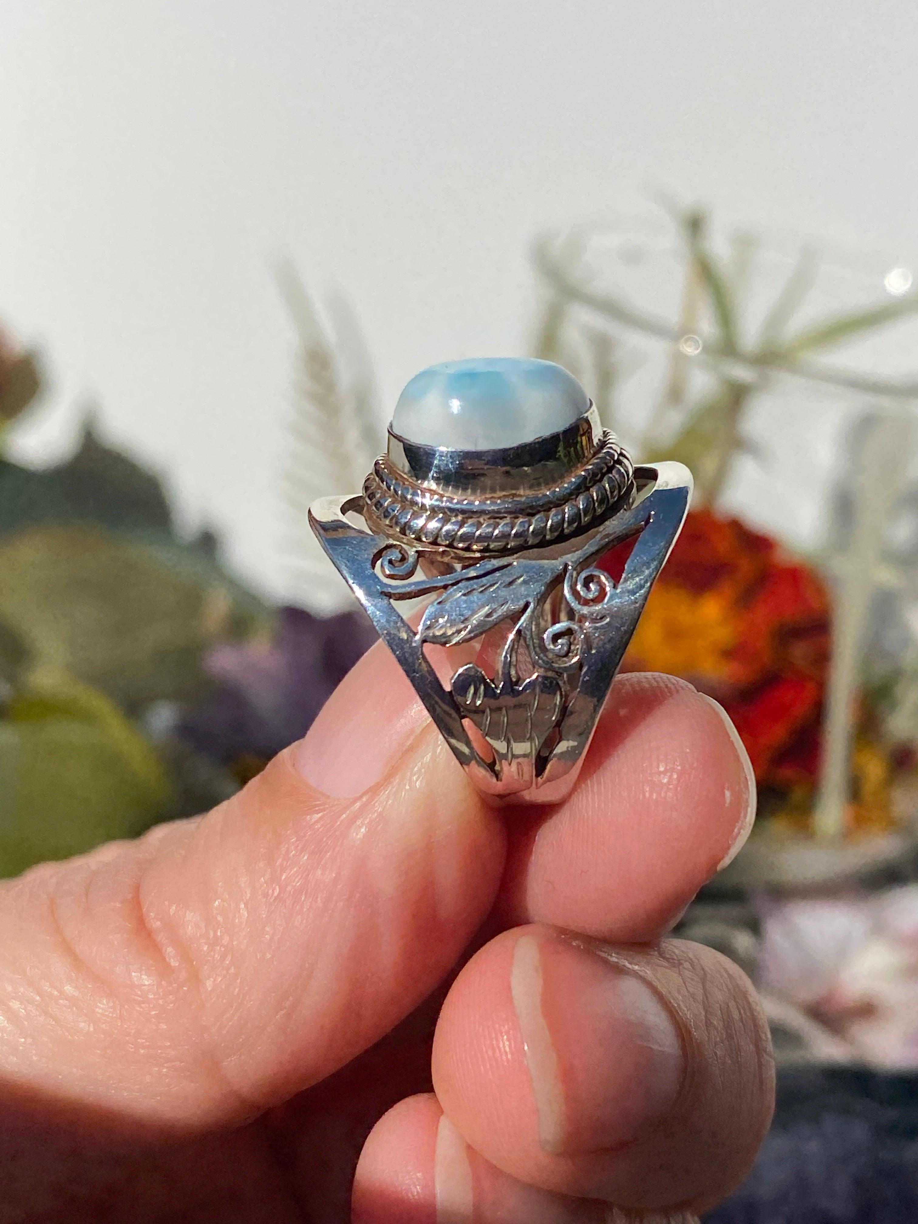 Larimar Oval Cabochon Ring with Detailed Banding - Handmade Sterling Silver Jewelry - Perfect for Beach Weddings & Boho Fashion