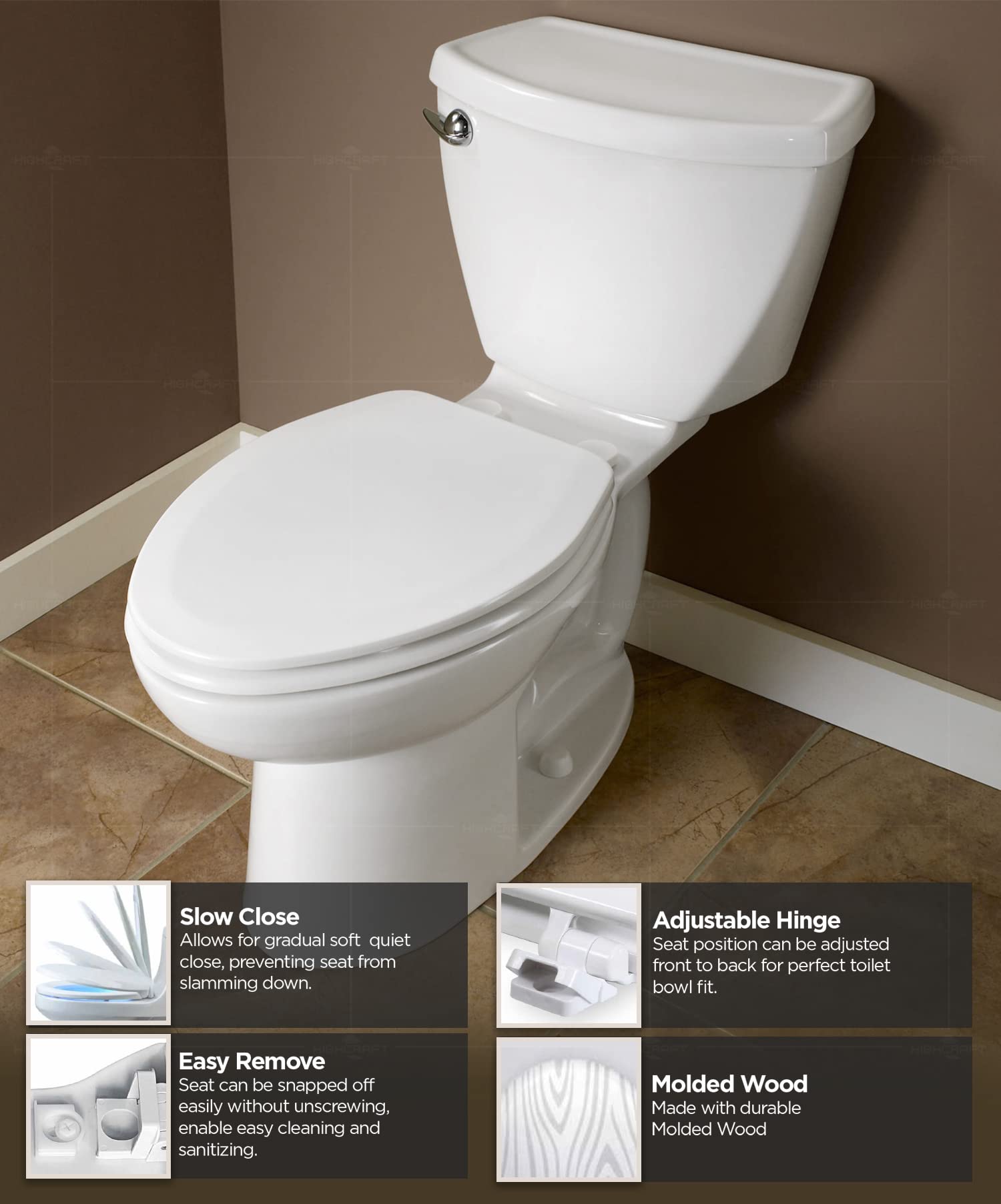 W4TSWE Elongated Molded Wood Toilet Seat with Slow Close, Easy Removal & Adjustable Hinges - White | Durable & Hygienic Bathroom Upgrade for Homes, Hotels & Offices
