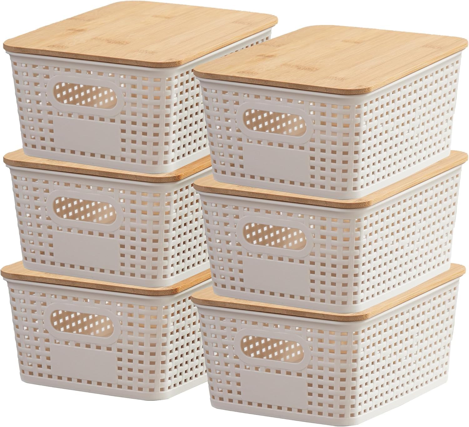 Stackable Plastic Storage Bins with Bamboo Lids - 6 Pack White Toy Organizer Boxes for Kids Room, Pantry, Bathroom & Classroom Storage | Space-Saving Home & Office Organization Solution