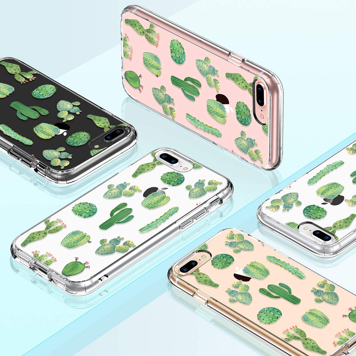 GiiKa Clear Heavy Duty Protective Case for iPhone 8 Plus/7 Plus with Screen Protector | Floral TPU Bumper Cover | Green Cactus Design | Perfect for Women & Girls - Everyday Protection & Stylish Look