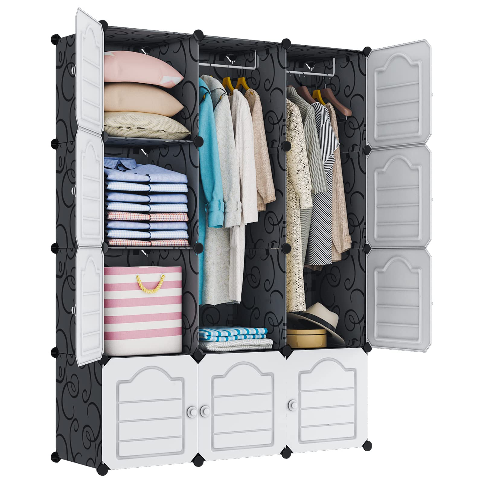 MAGINELS 12-Cube Portable Wardrobe Closet with Solid Doors - Foldable Storage Organizer for Bedroom, Clothes Dresser & Armoire - Space Saving Black Storage Solution for Apartments, Dorms & Small Spaces