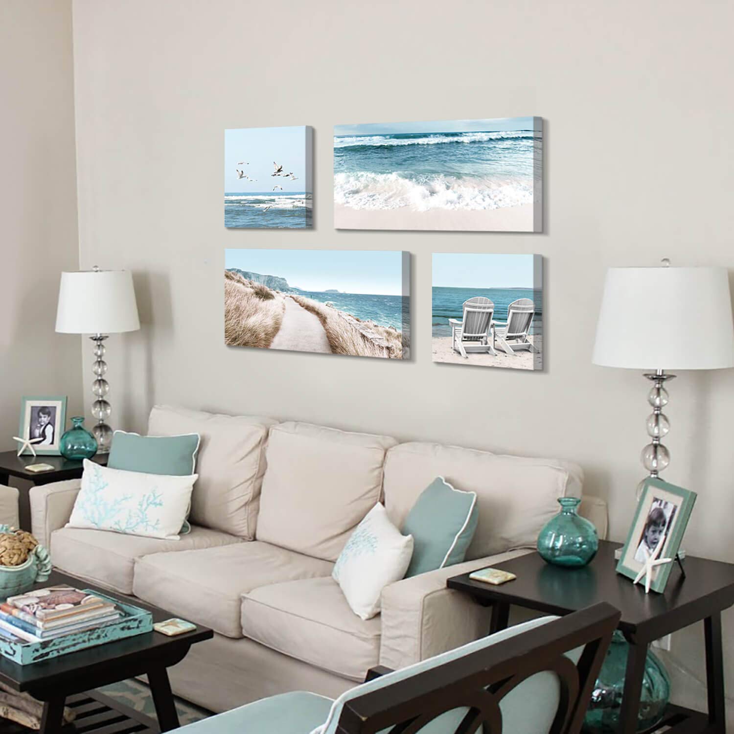 Coastal Beach Wall Art - 32''x16'' & 16''x16'' Canvas Prints of Chairs & Seagulls - Ocean Themed Painting for Living Room Decor | Perfect for Beach House, Vacation Rental & Coastal Style Homes