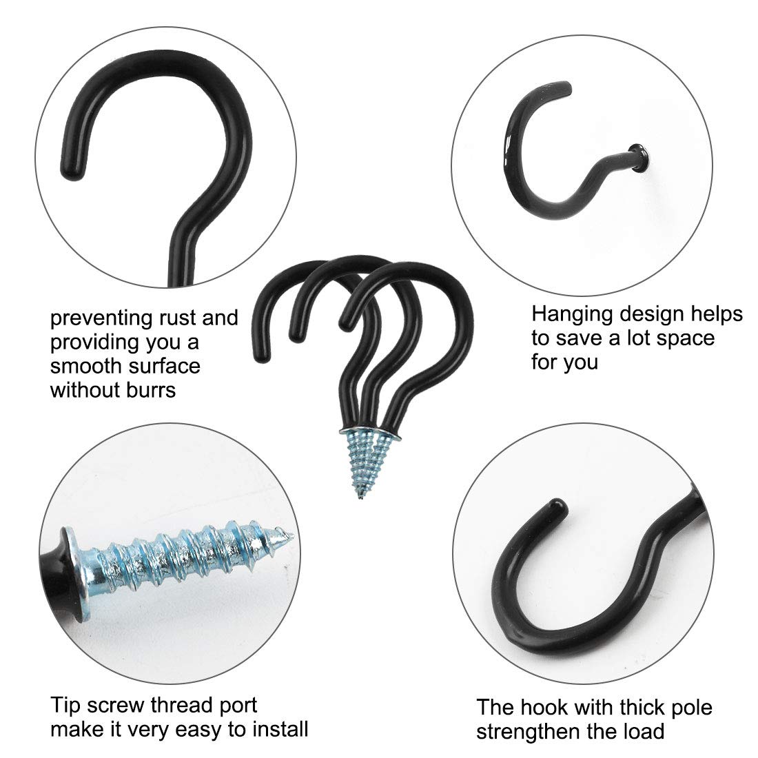50pcs Black Vinyl Coated Metal Screw-in Cup Hooks - 1/2 Inch Heavy Duty Ceiling Hooks for Hanging Plants, Lights & Decor - Perfect for Home, Office & Outdoor Use